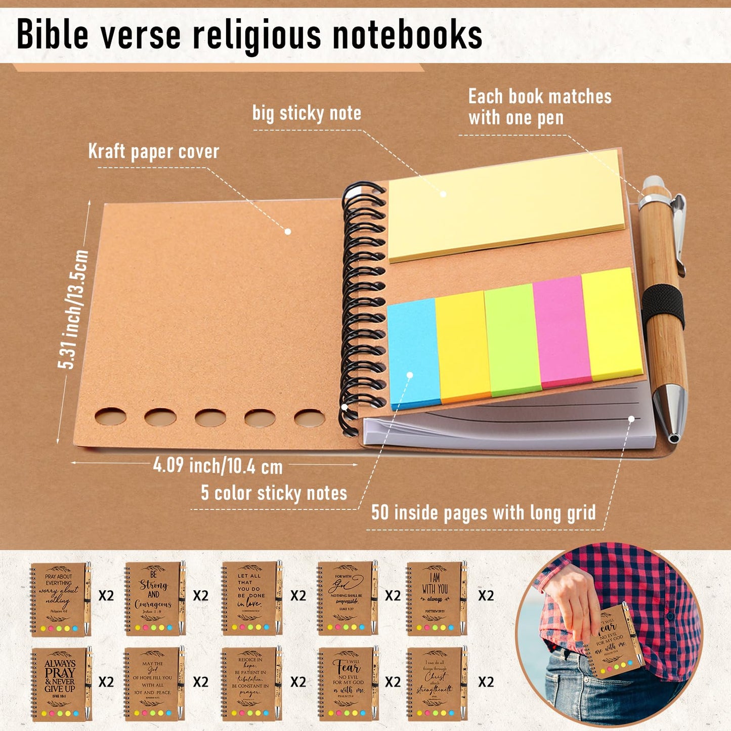 Kosiz 40 Pcs/20 Set Christian Gift Bulk Bible Verse Bamboo Pen Spiral Bible Notebook with Notes Religious Basket Stuffers for Fathers Day Women Men Church Members Coworker Teacher (Kraft)