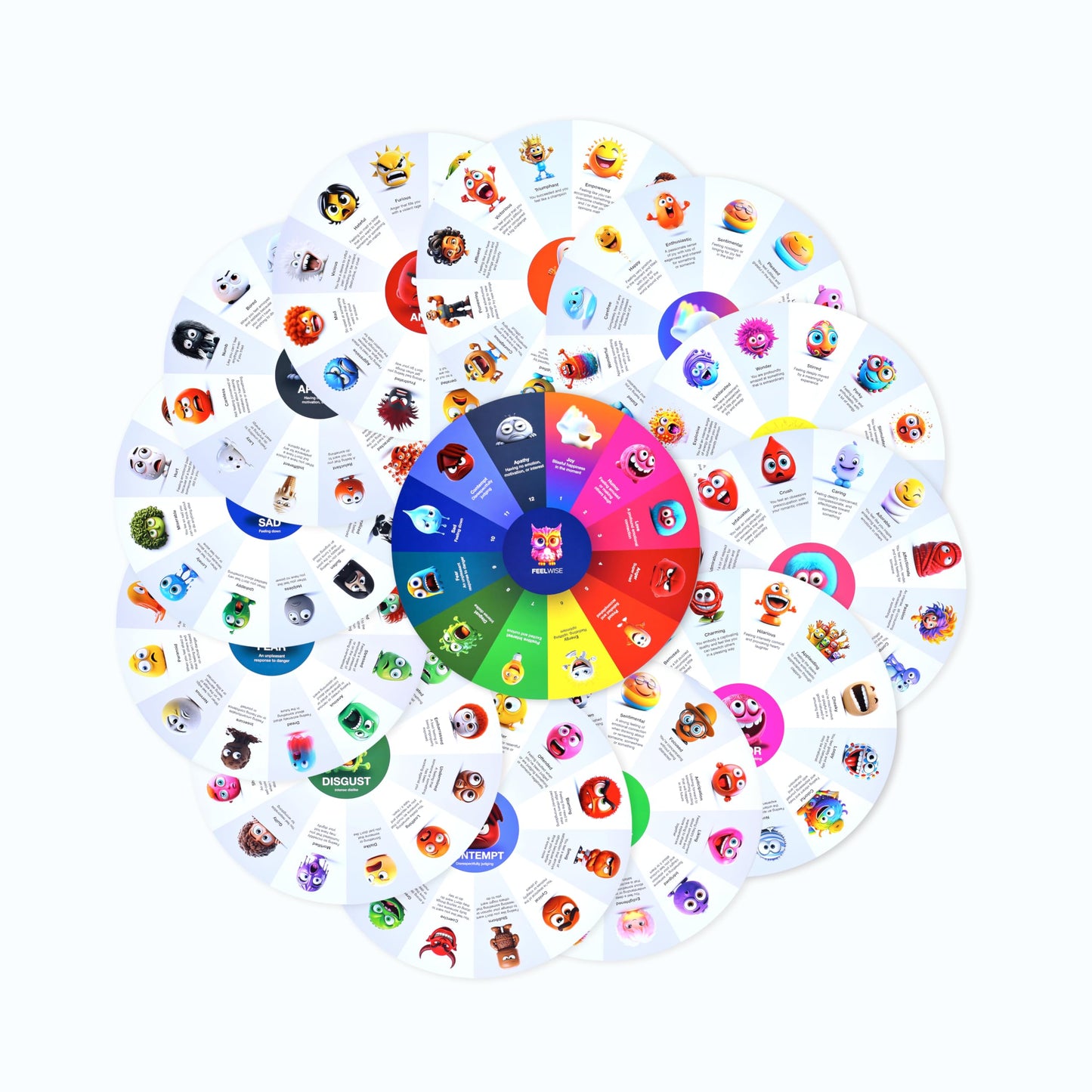 FeelWise Super EQ Kit - For Building Emotional Intelligence - Thirteen 12" Round 2-sided Emotion Wheels w/ Storage Envelope & Instructions - Emotion Learning Games for Kids, Parents, Professionals, Teachers, School Counselor - Screen-Free Activities