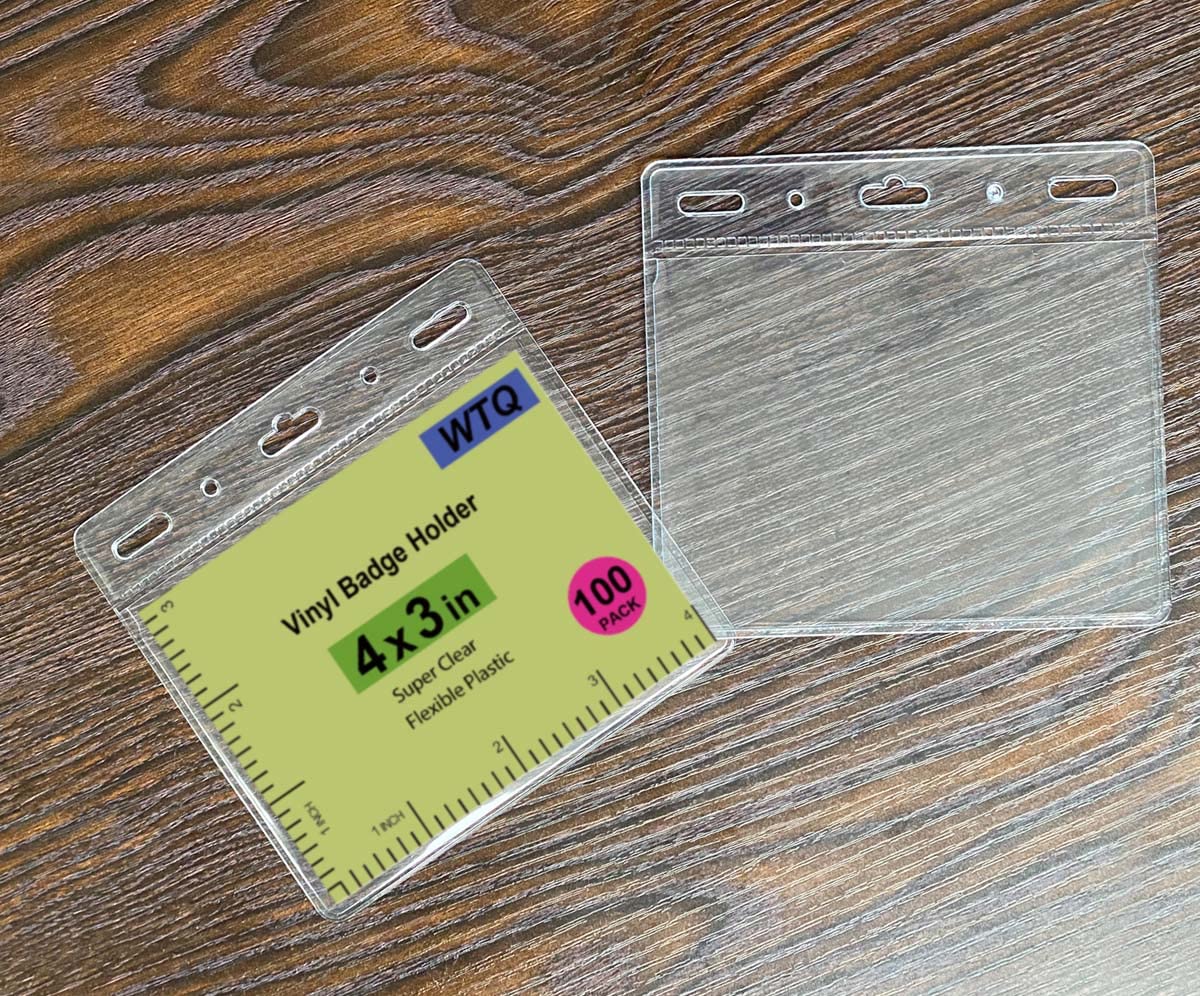 250 Pack - WTQ Zipperless Badge Holders (Fits 4x3in Inserts), Horizontal, Non-sealable, Quick Open Vinyl Pouch for Name Badge, Clear Plastic Sleeve for Tickets, Sports Cards