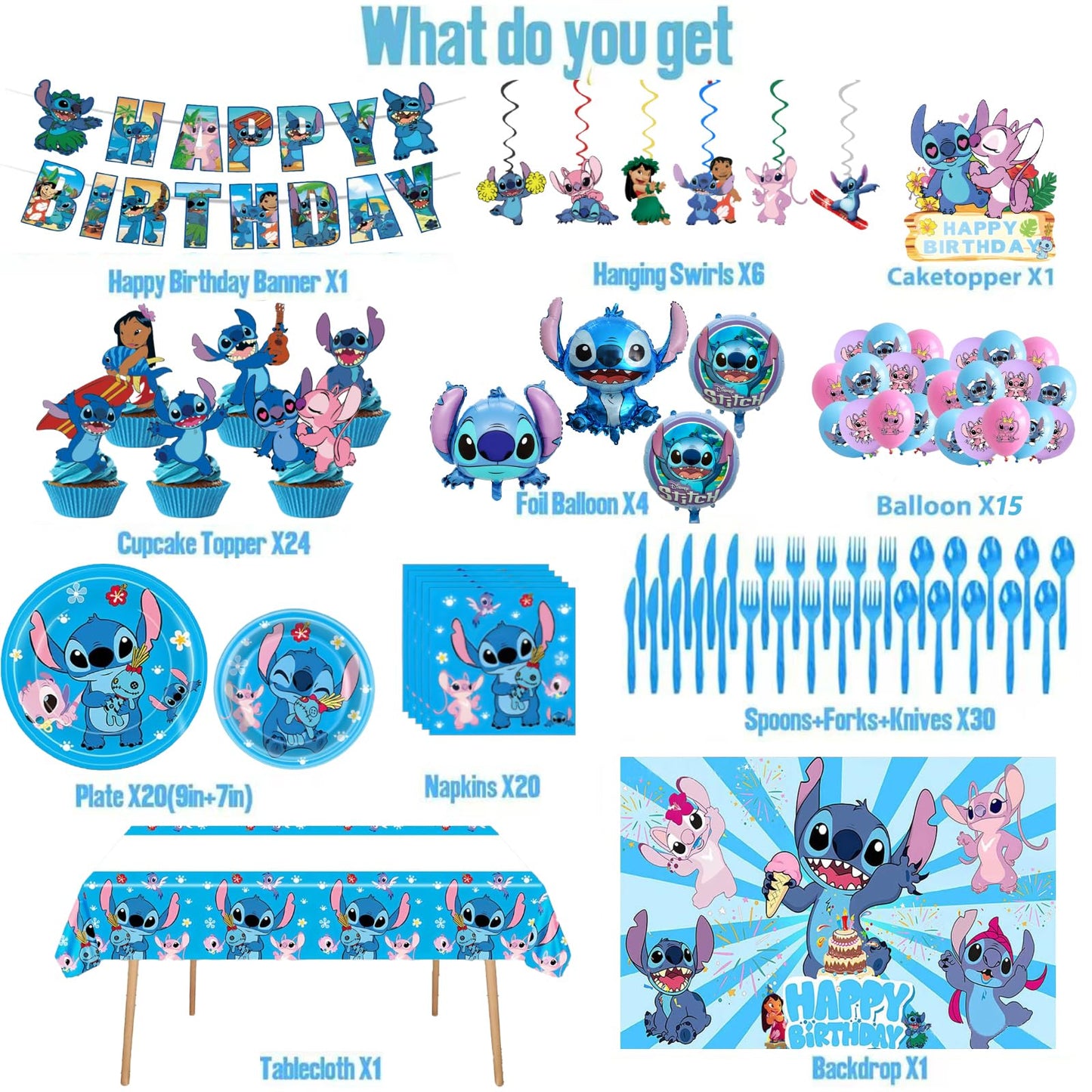 Higyther For Stitch Birthday Party Supplies Set, 123 Pieces, Party Decoration Kit with Banner, Balloons, Plates, Backdrop, Hanging Swirls，Cupcake Topper，Blue