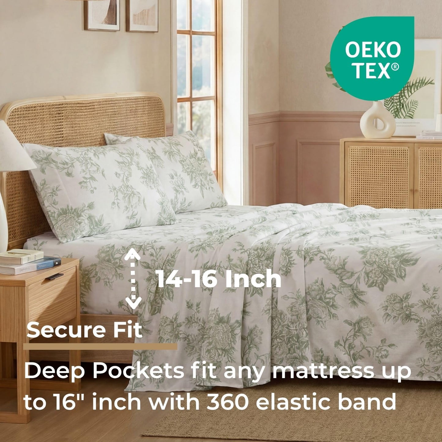 HLC.ME Rose Toile Floral Bed Sheets - 4 Piece Bed Sheet Set - Wrinkle Resistant & Ultra Soft - Fits Mattresses up to 15 Inches Deep (King, Sage Green)