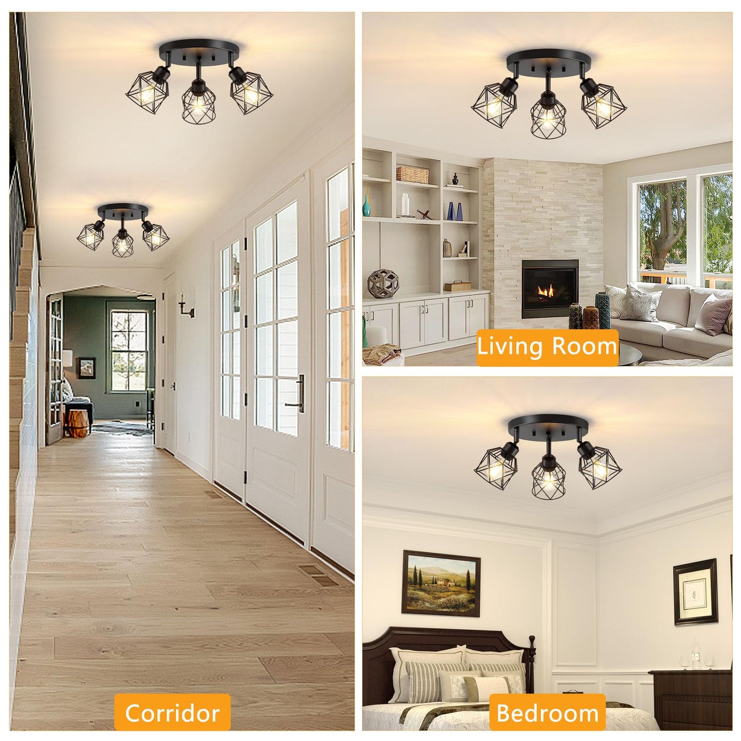 Baocuz 3-Light Kitchen Flush Mount Ceiling Light, Adjustable Multi-Directional Ceiling Light Fixture, Farmhouse Black Metal Cage Close to Ceiling Lamp for Dining Room Bedroom Hallway