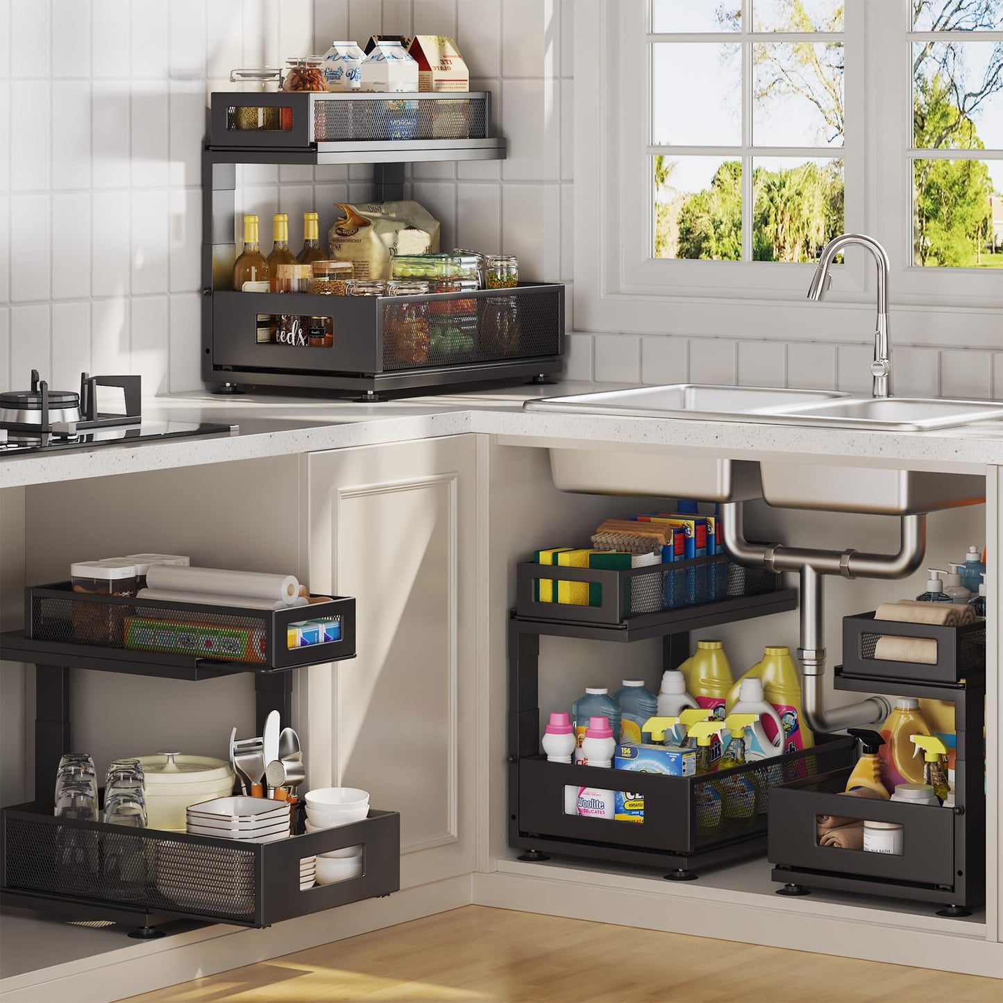Corbyles 2 Pack Under Sink Organizer with Next-Gen Ball-Bearing Slides,2-Tier Pull Out Cabinet Storage,Height Adjustable Drawer Shelf for Bathroom,Kitchen,Laundry,Cabinet,Pantry(Patent Pending)