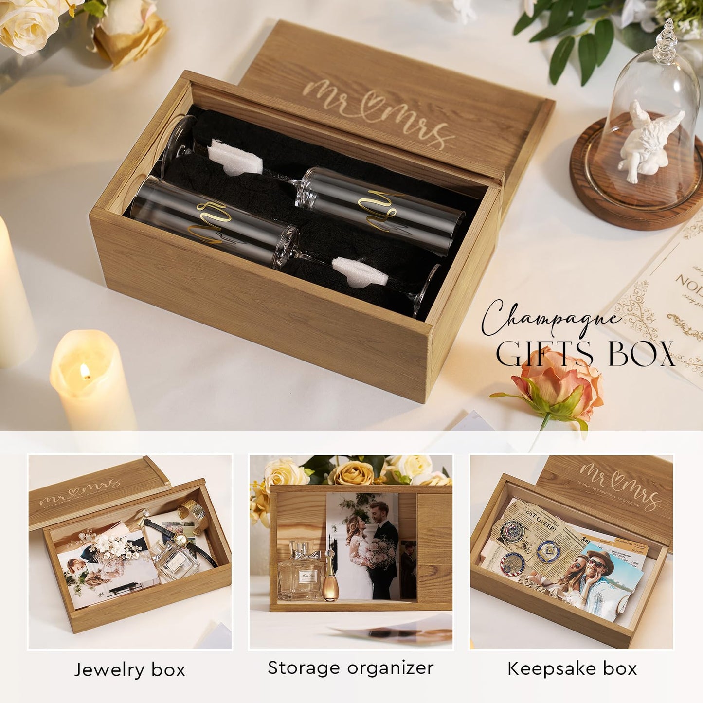 AW BRIDAL Mr and Mrs Champagne Flutes Set of 2, Engagement Gift for Couples and Newlyweds, Bridal Shower Gifts for Bride to Be, Wedding Anniversary Toasting Glasses Set with Wooden Box