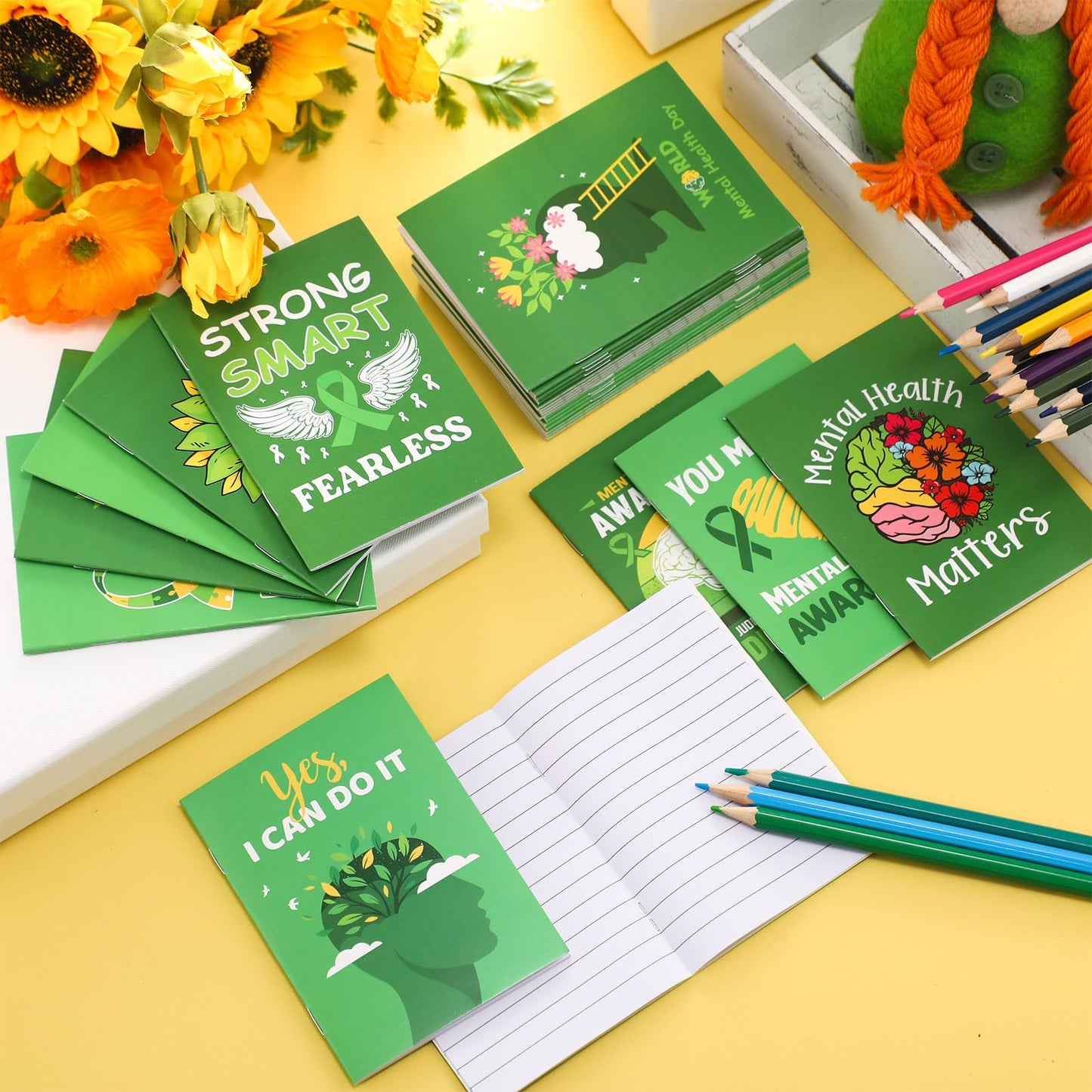 Dinifee 200 Pcs Mini Mental Health Notepads Small Memo Pad Notepads Bulk Mental Health Awareness Green Ribbon Pocket Notebooks, 10 Styles