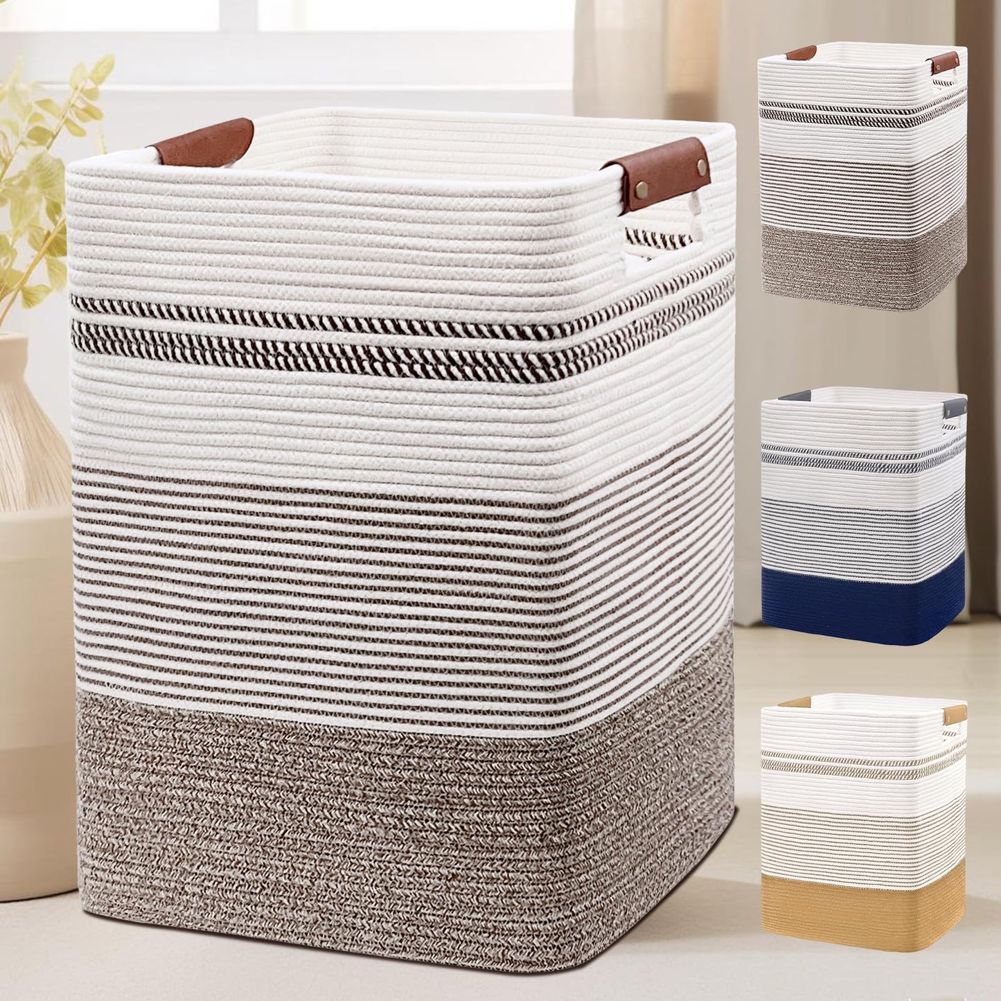 DOFASAYI Laundry Basket - 85L Large Cotton Rope Blanket Basket with Leather Handles, Decorative Storage Hamper, Clothes Hamper for Living Room, Bedroom, Rice Brown & White