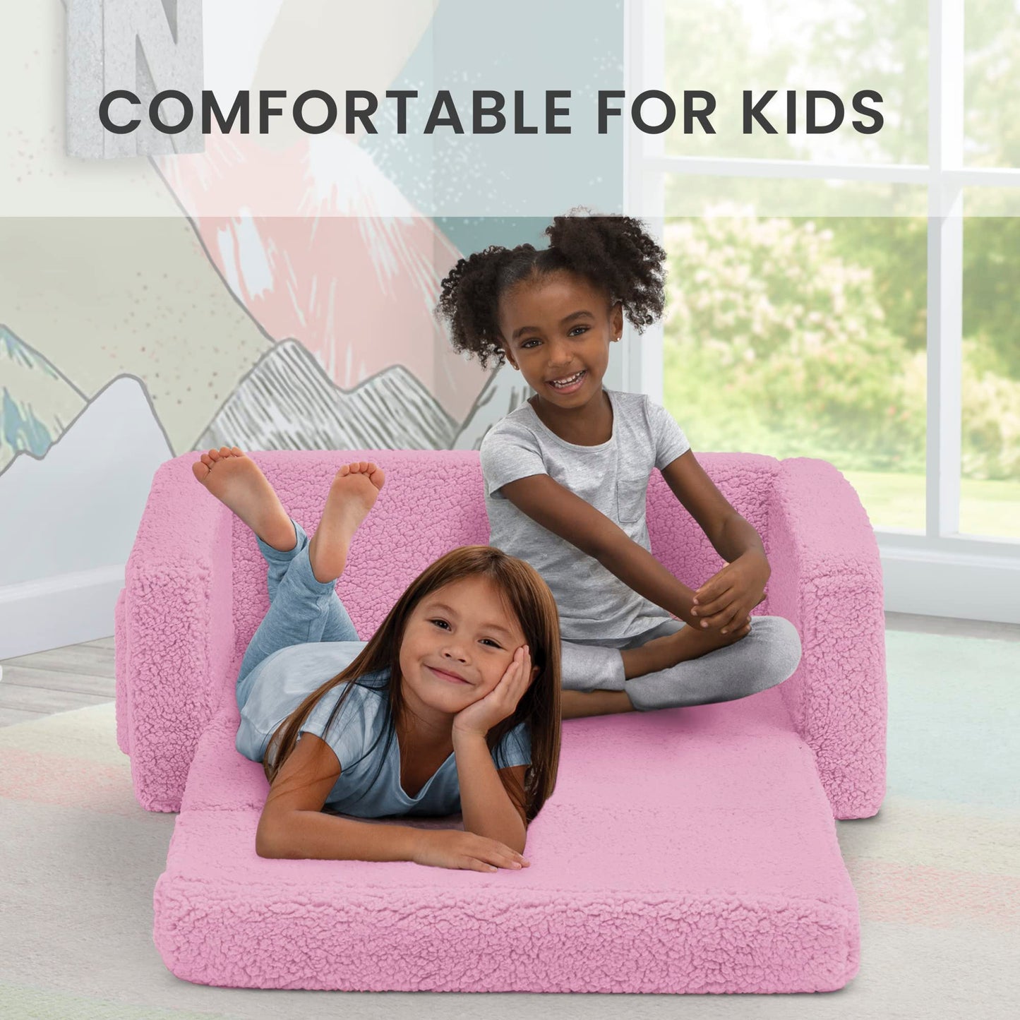 Delta Children Cozee Flip-Out Sherpa 2-in-1 Convertible Sofa to Lounger for Kids, Pink