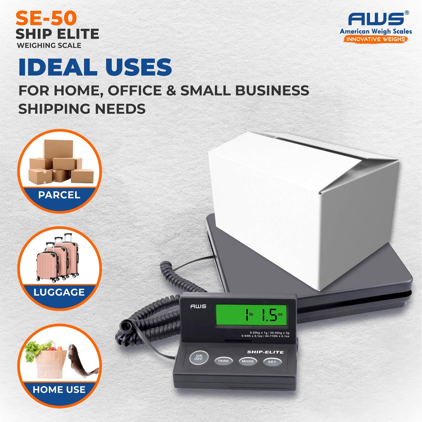 American Weigh Scales Digital Shipping Scale | Highly Accurate Multifunctional Postal Package & Luggage Weighing Scale | 110 lbs x 0.1 oz | Backlit LCD | Battery & AC Adapter | Compact Platform