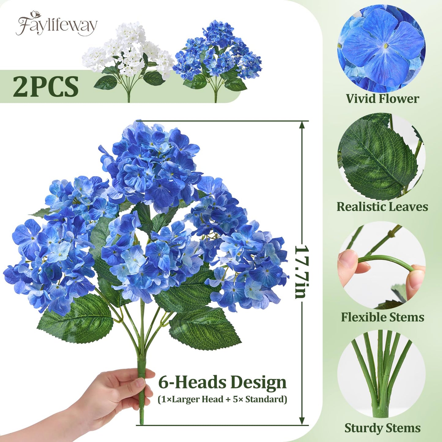 Faylifeway 12 Heads Artificial Flowers for Outdoors, UV Resistant Faux Hydrangea Flowers for Outdoor Planters Front Porch Garden Window Box Patio Decor （White&Blue）