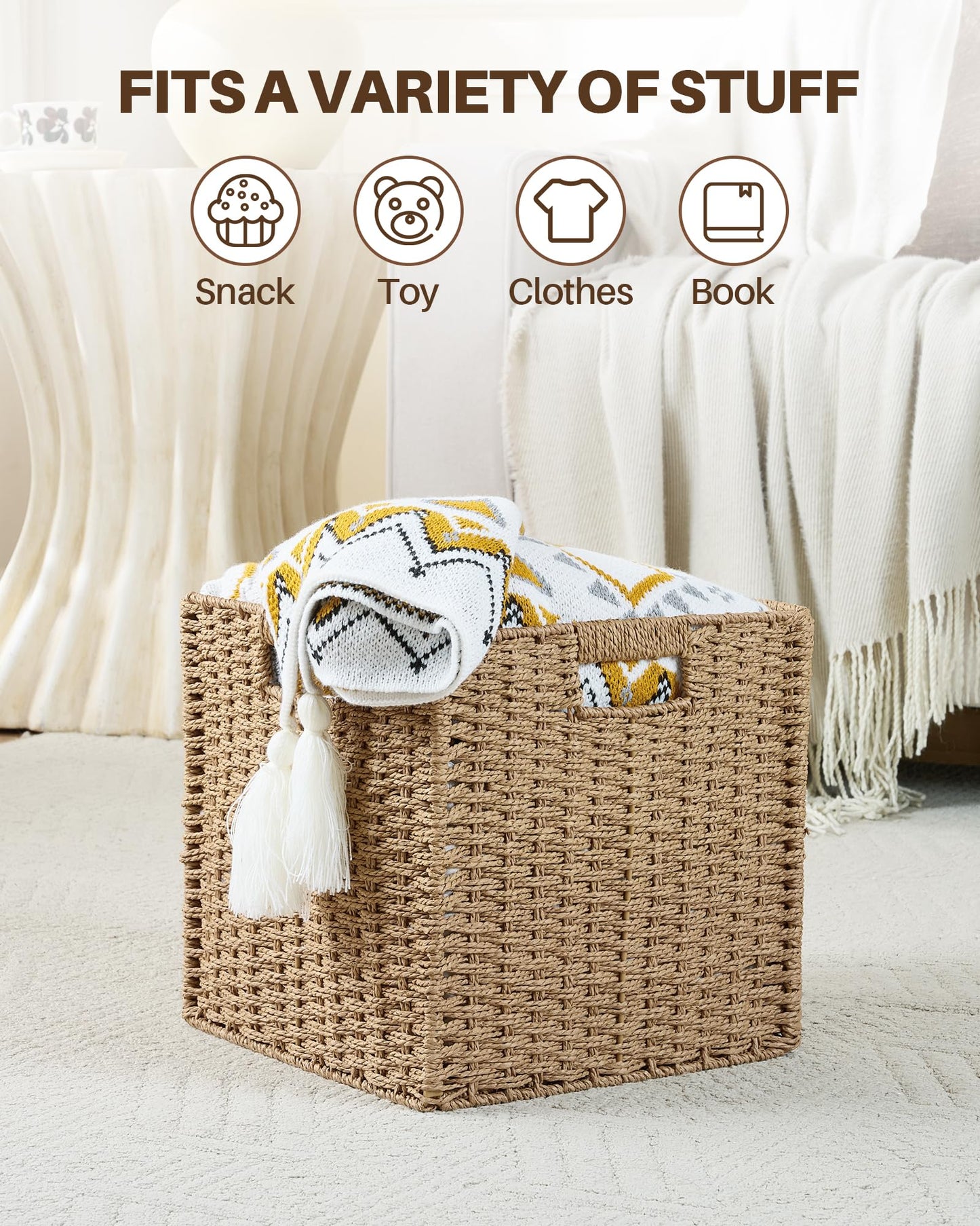 Paper Woven Foldable Storage Baskets 4 Pack, 11 Inch Cube Storage Bins, Handmade Paper Material Collapsible Organizer for Shelves & Home Organization, Ideal for Clothes Books Toys Snacks (Natural)