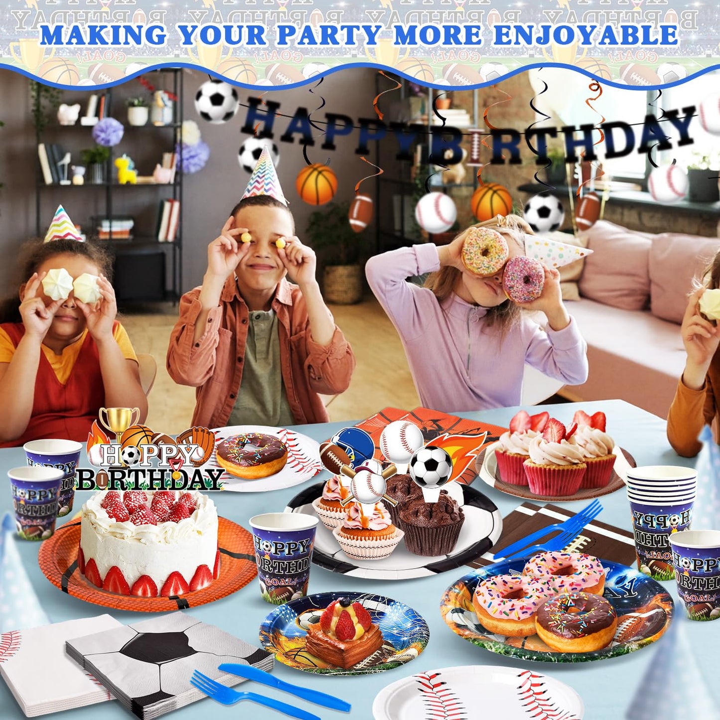 244 Pcs Sports Birthday Party Decorations - Serve 30, All in One Football Basketball Baseball Soccer Party Supplies Kit with Banner, Plates, Napkins, Balloons, Tableware for Boys Sports Themed Party
