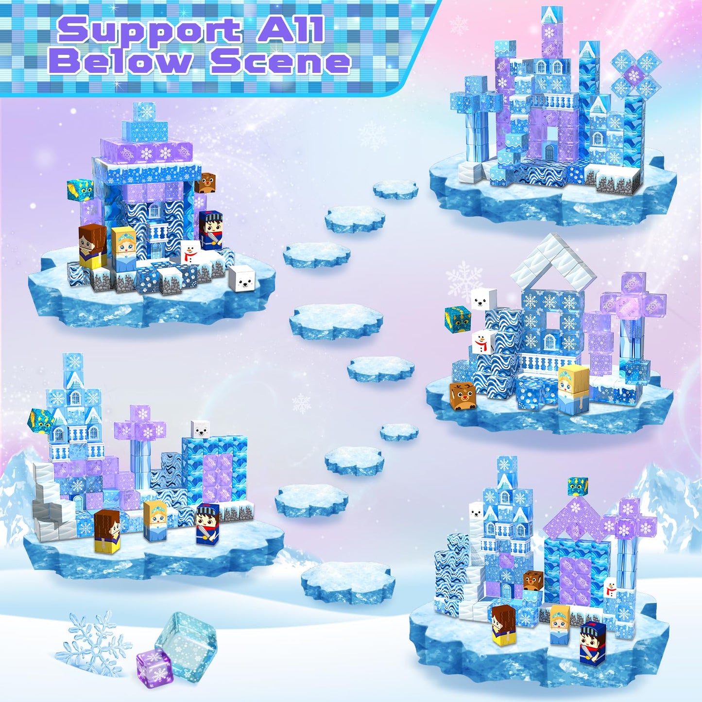 Magnetic Blocks - 100Pcs 0.8in Magnetic Building Block for Kids Ages 4-8, Transparent Magnet Block for Blue Princess Castle Build, Magnet Cubes Tiles Princess Toy for Girl 3 4 5 6 7 8-12 Birthday Gift