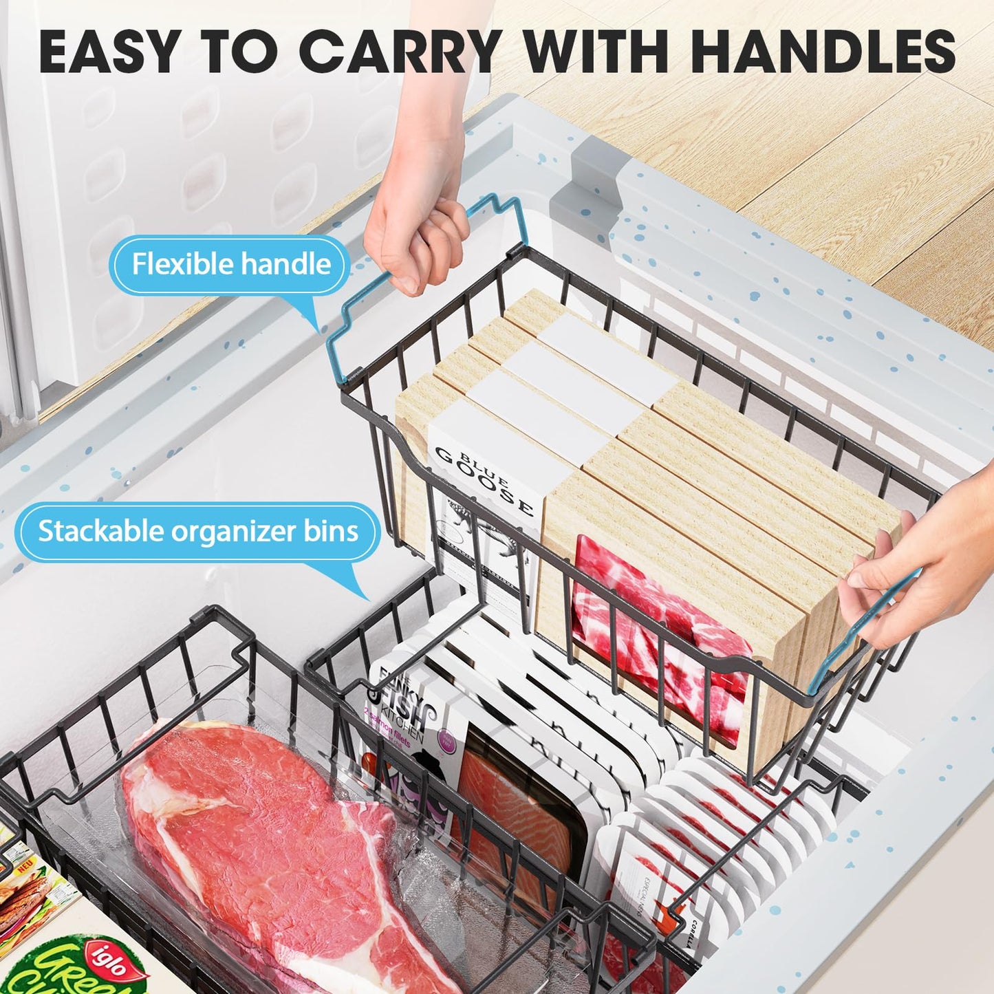 SUNALLY Freezer Organizer Bins, 8 Pack Stackable Chest Freezer Organizer for 5-7 Cu.FT Deep Freezer Sort Frozen Meats and Food, Freezer Storage Baskets with Handles Easy Reach from Bottom, Black