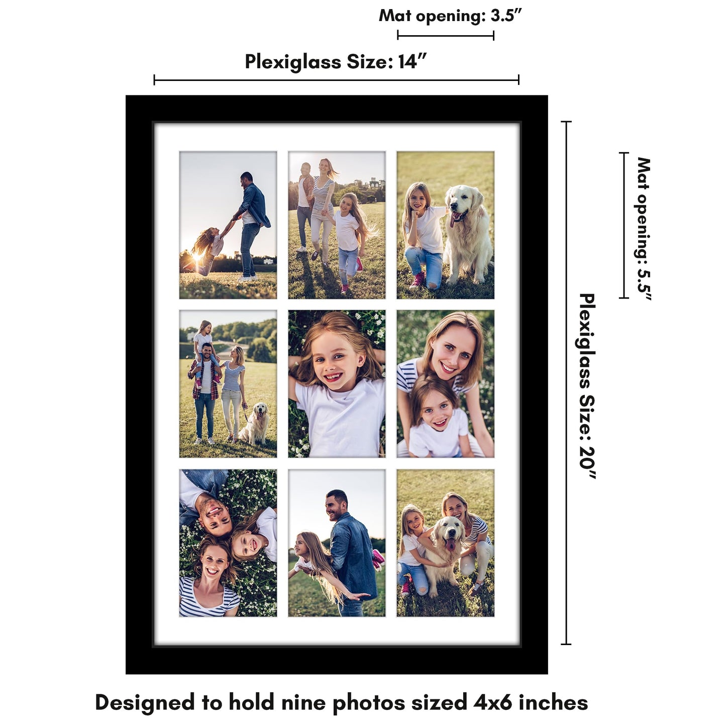 Americanflat 4x6 Collage Picture Frame with Polished Plexiglass - Multi Picture Frames Fit Nine 4x6 Photos or Use as One 14x20 Frame for Wall Display - Signature Collection - Black