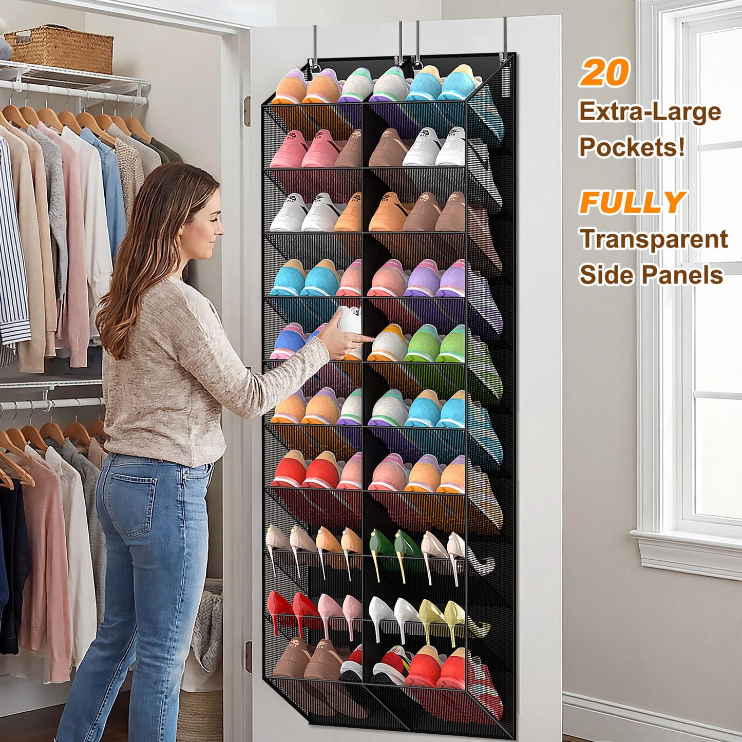 UVIAHOMI 20-30 Pairs Over the Door Shoe Organizer, Breathable Pocket Hanging Shoe Storage for Closet, 10-Tier Door Shoes Rack, Handing Shoes Holder Fit All the Family's Sneakers, Boots, Heels, Black