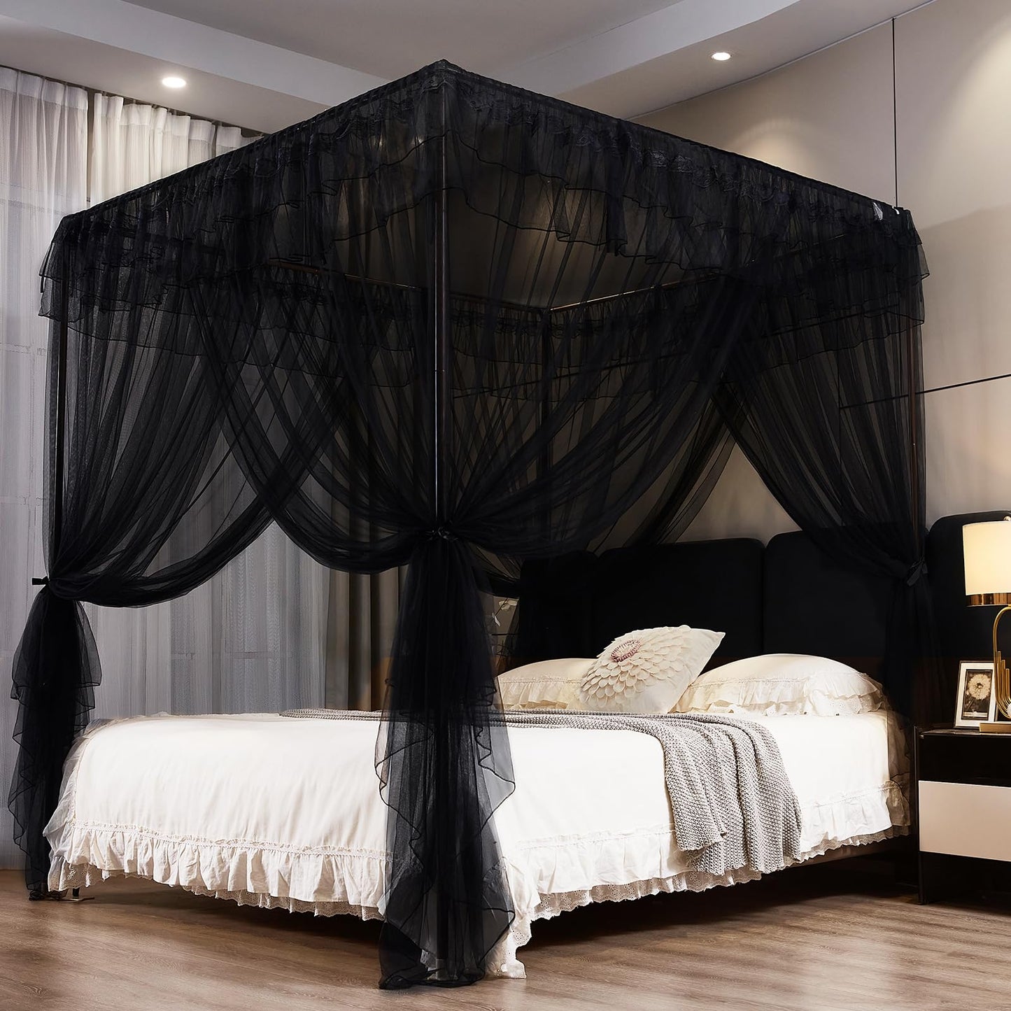 Kertnic Black Canopy Bed Curtains for Girls & Adults, Queen King Bed Canopy Drapes Netting, Practical Mosquito Net for Bed (Queen-64 W*78" L*82"*H)