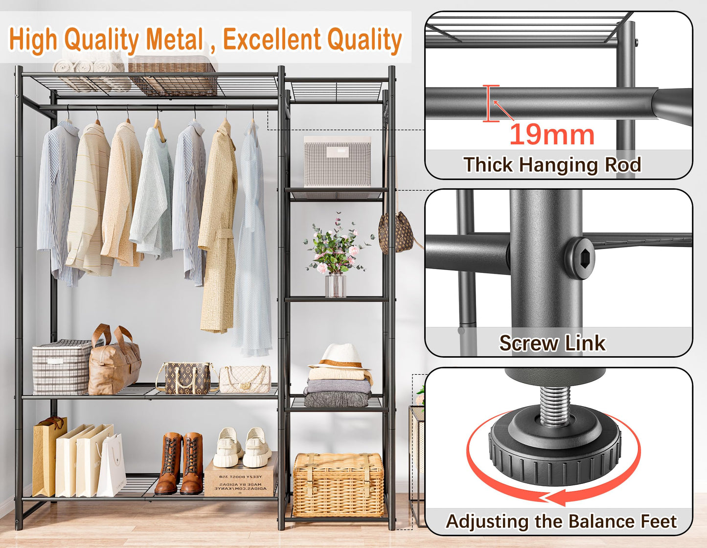 Wardrobe Closet,Portable Clothes Rack with 4 Tiers Shelves,Freestanding Closet Organizers and Storage System with Hanging Rods,Steel Clothing Rack Suitable for Cloakrooms,Bedrooms,Entrances,etc.Black
