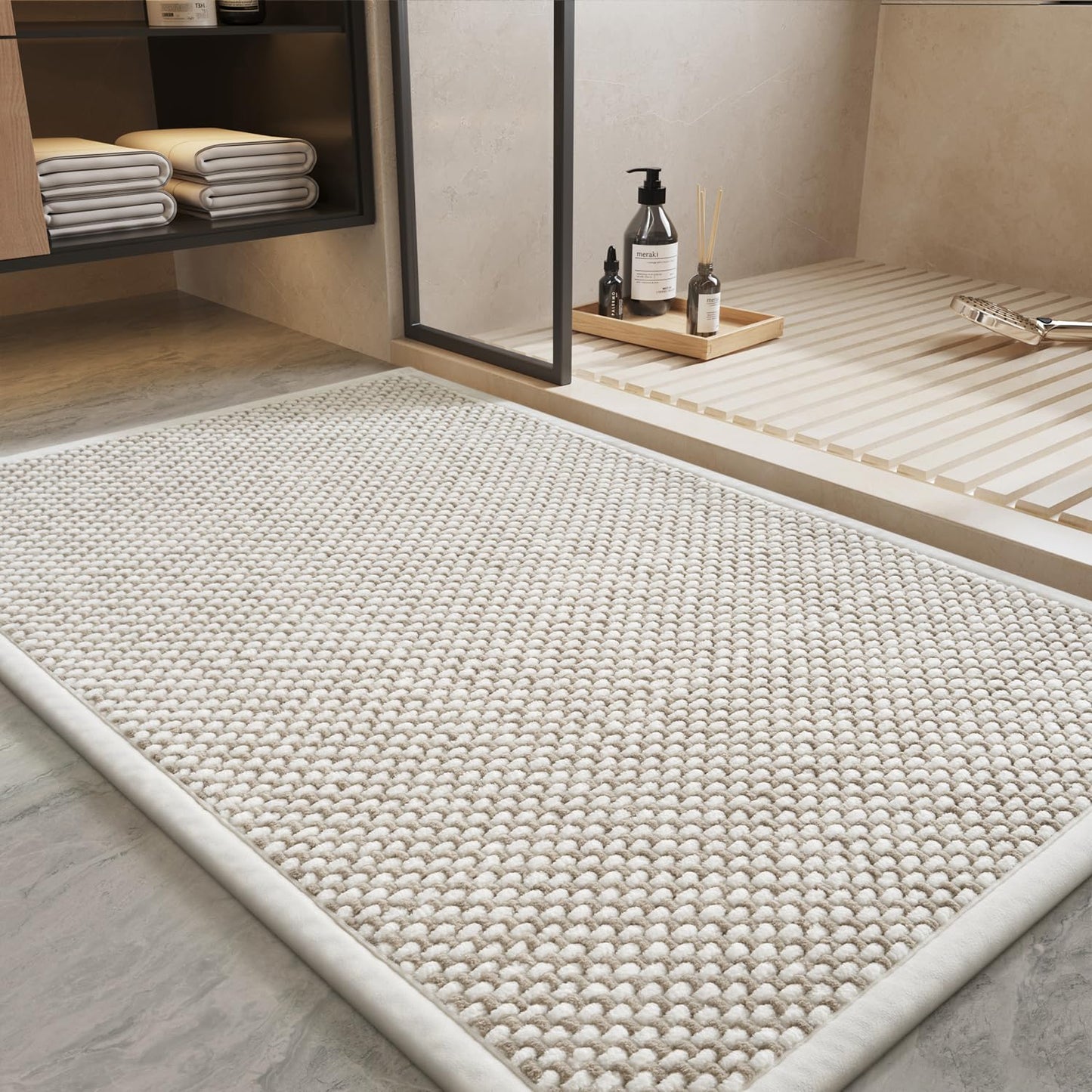PADOOR-Bath Mat-Super Absorbent Chenille Bathroom Mats-Rubber Backed Bath Mats for Bathroom Non Slip, Easy Clean Bathroom Rugs Front of Bathtub,Shower Room,Sink-24×36, Beige&Cream