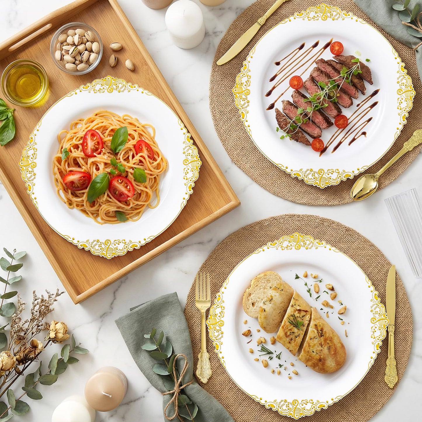 Joyido 200PCS White and Gold Plastic Plates - Gold Disposable Plates - Gorgeous Wedding Plate 10inch Dinner & 7.25inch Dessert Plate for 100 Guests for Wedding & Party