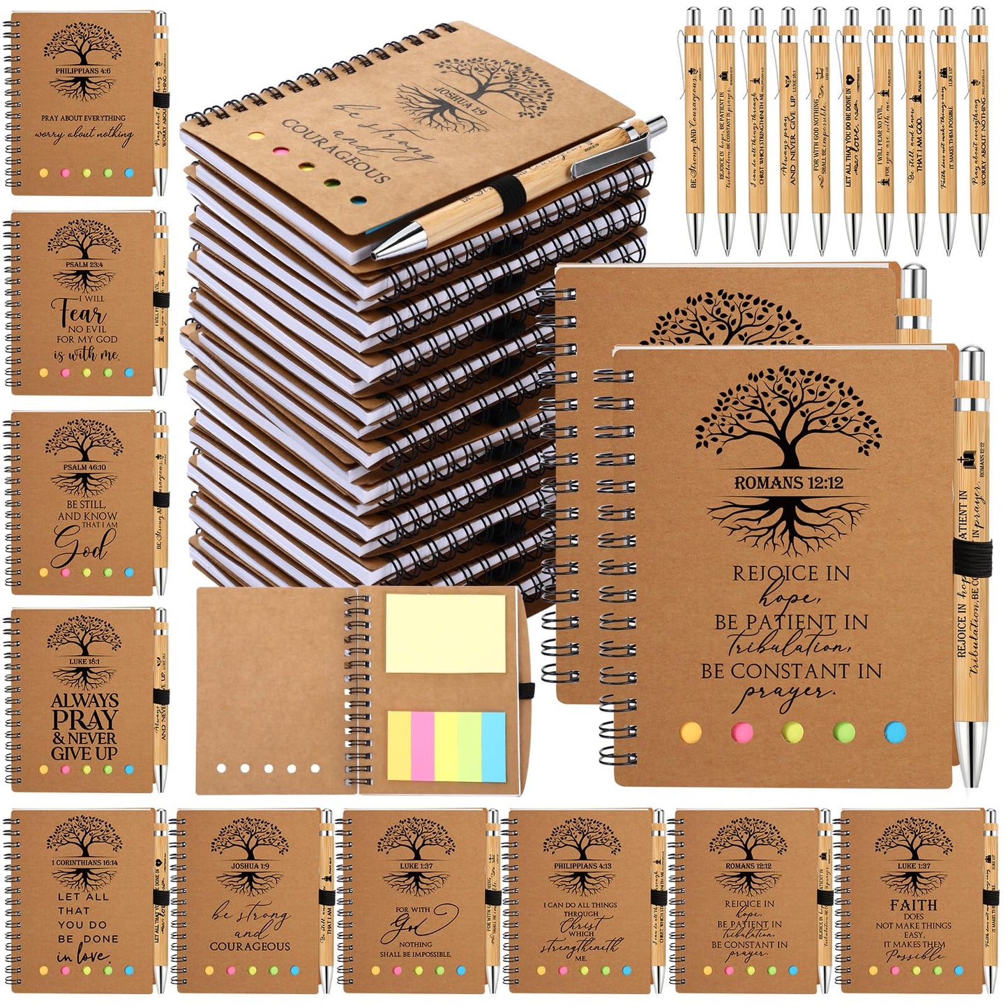 Kosiz 40 Pcs/20 Set Fathers Day Church Gifts Bulk, Christian Bible Prayer Journal with Sticky Note, Bamboo Pens, Spiral Notebook 5.3 x 4.1 in Faith Based Gifts for Study Groups(Kraft,Tree of Life)