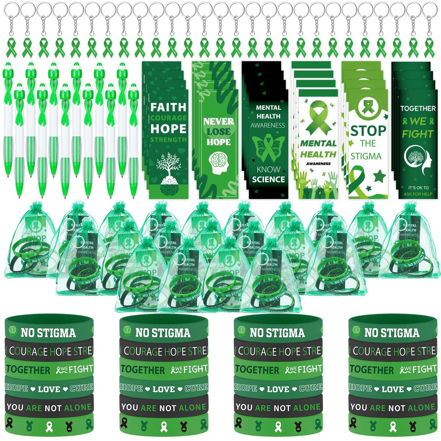 Fullhawl 120 Pcs Mental Health Awareness Gift Set Include Mental Health Pens Green Ribbon Silicone Bracelets Wristbands Bookmark Keychain Green Organza Bag for Office Public Charity Events Supplies