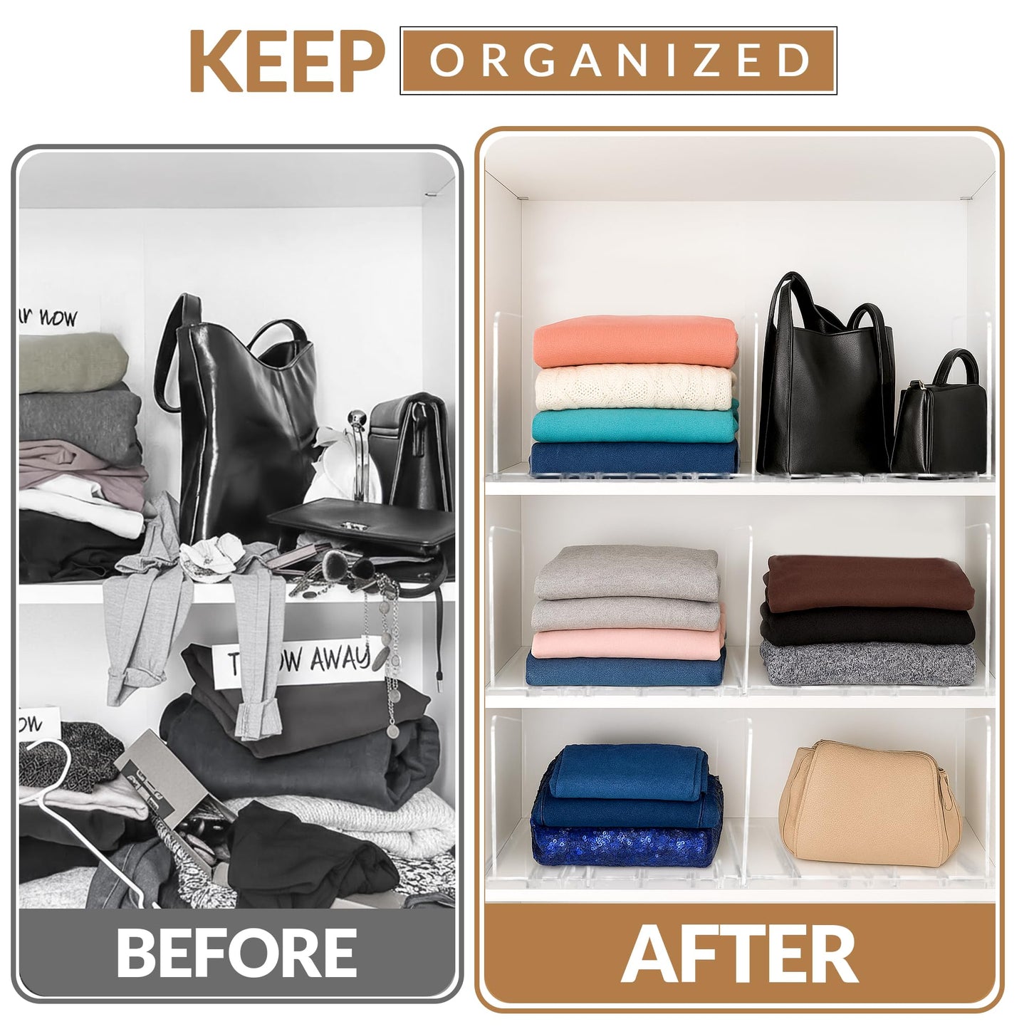 Adjustable Bag & Purse Organizer for Closet | Clear Shelf Dividers for Closet Organization, Vertical Handbag Separator for Sweater, Shirts & Clutches, Perfect for Bedroom, Living Room, Home