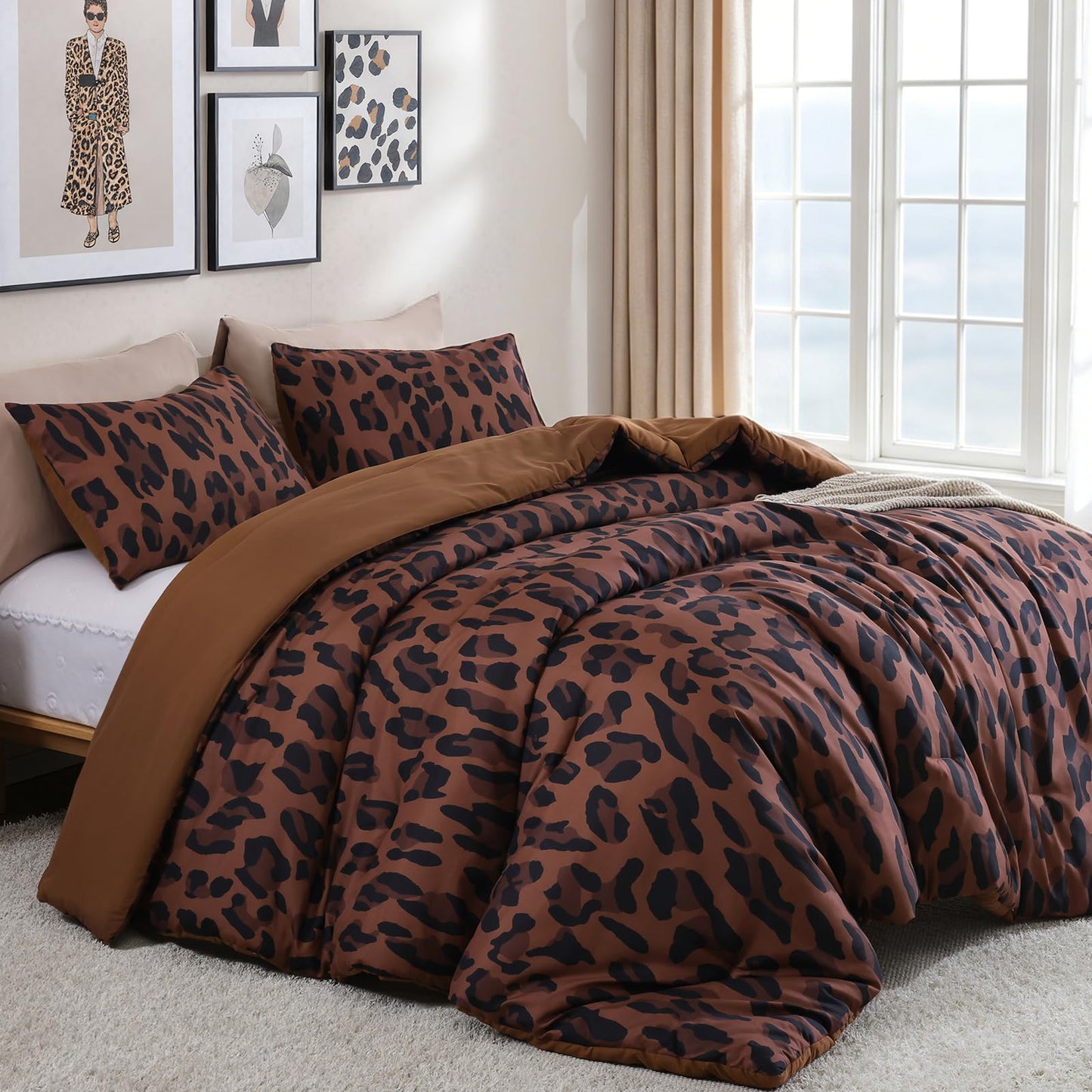 JANZAA Cheetah & Leopard Print Comforter Set Queen Size - 3 Pieces Animal Print Comforter Set, Fluffy Cozy Chic Faux Fur Brown/Pink Print Bedding Set with 2 Pillowcases for All Season