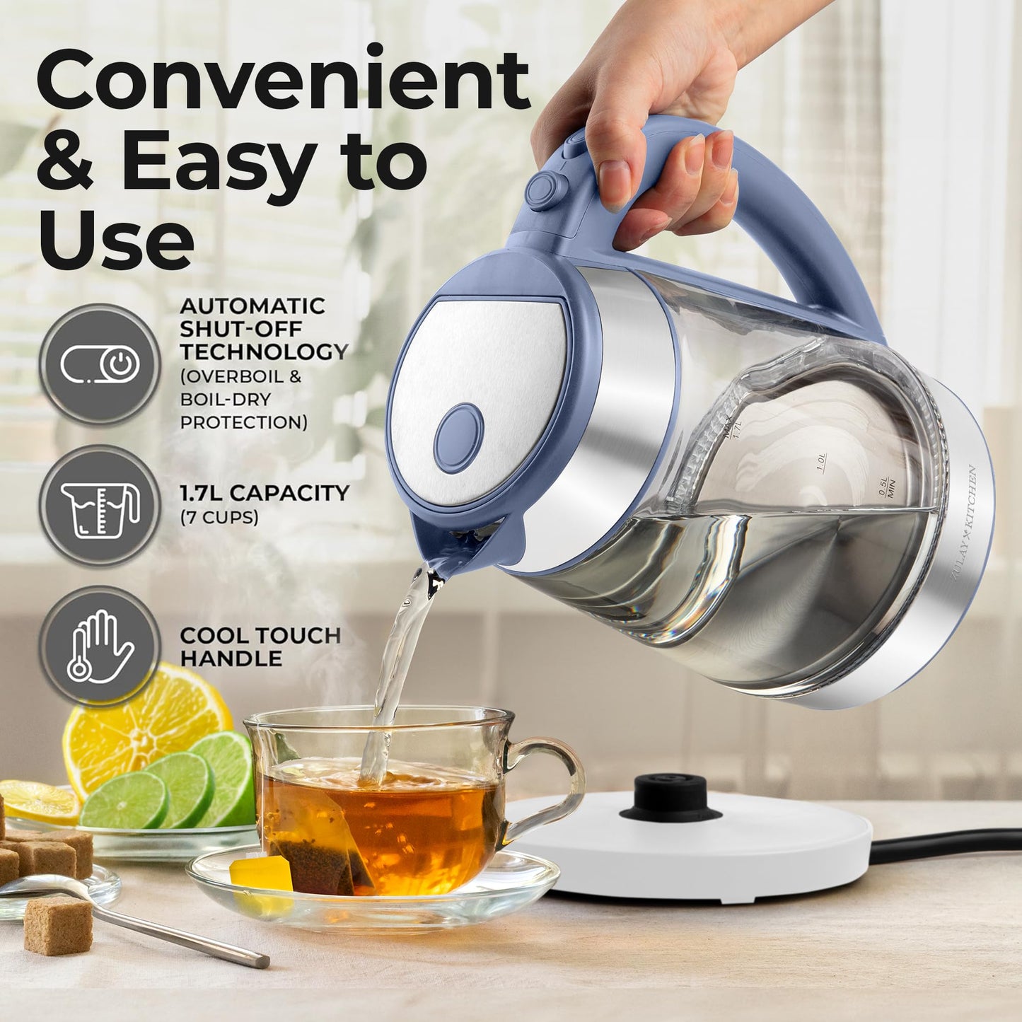 Zulay Kitchen Fast Boiling Electric Water Kettle - 1.7L, 1500W, Auto Shut-Off for Overboil & Boil Dry Protection, Cool-Touch Handle, 360° Base - Rapid Teapot Boiler For Coffee & Tea - Blue