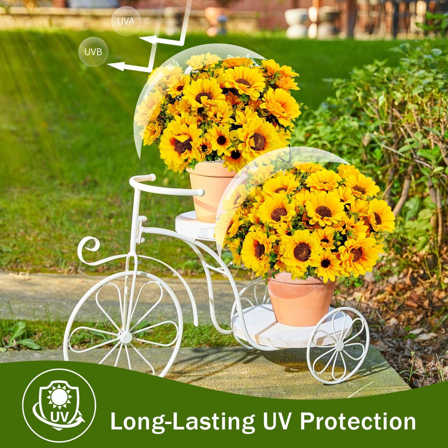 FOUSUKA Artificial Sunflowers for Outdoors, 10 Bundles Fake Silk Sunflowers with Eucalyptus Leaves UV Resistant for Home Outside Front Door Porch Planters Garden Balcony Yard Patio Wedding Party Decor