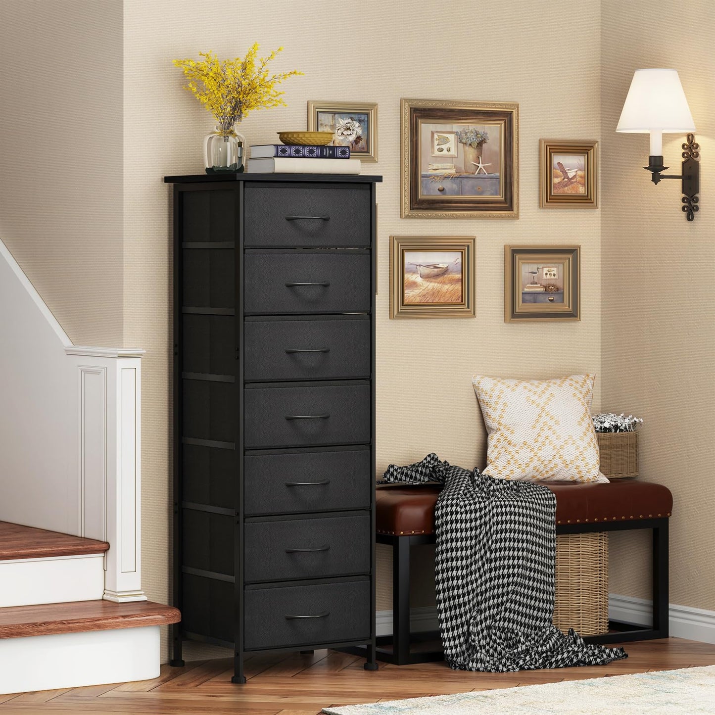 Fixwal Black Tall Skinny Dresser for Bedroom, Narrow Storage Dresser Organizer with 7 Fabric Drawers, Nightstand Furniture in Closet, Entryway, Hallway
