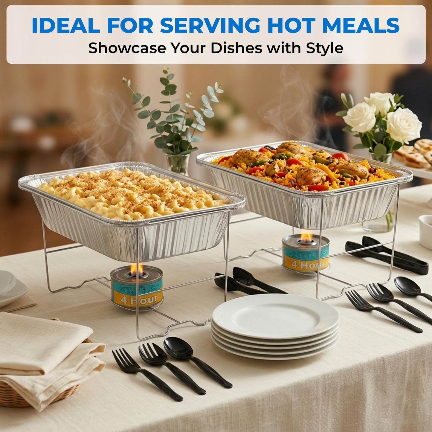 Disposable Chafing Dish Buffet Set – 6 Pack Half Size (Standard 10 3/8" x 12 3/4"), Patented Foldable Wire Racks, 4-Hour Fuel Cans, Aluminum Food & Water Pans, Serving Utensils, Reusable or Disposable