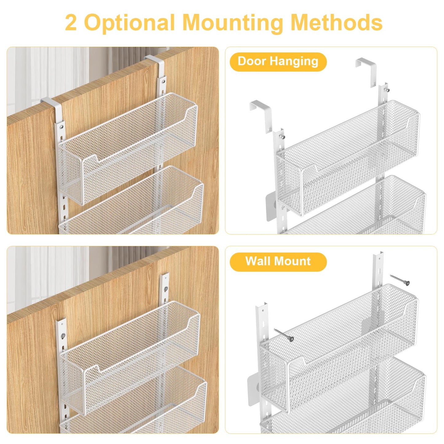 VyGrow Over the Door Organizer, 8-Tier Pantry Organizer with Fully Enclosed Mesh Baskets, Heavy-Duty Metal Hanging Spice Rack for Kitchen Bathroom Laundry Room, 2-in-1 Wall Mount or Door Mount, White
