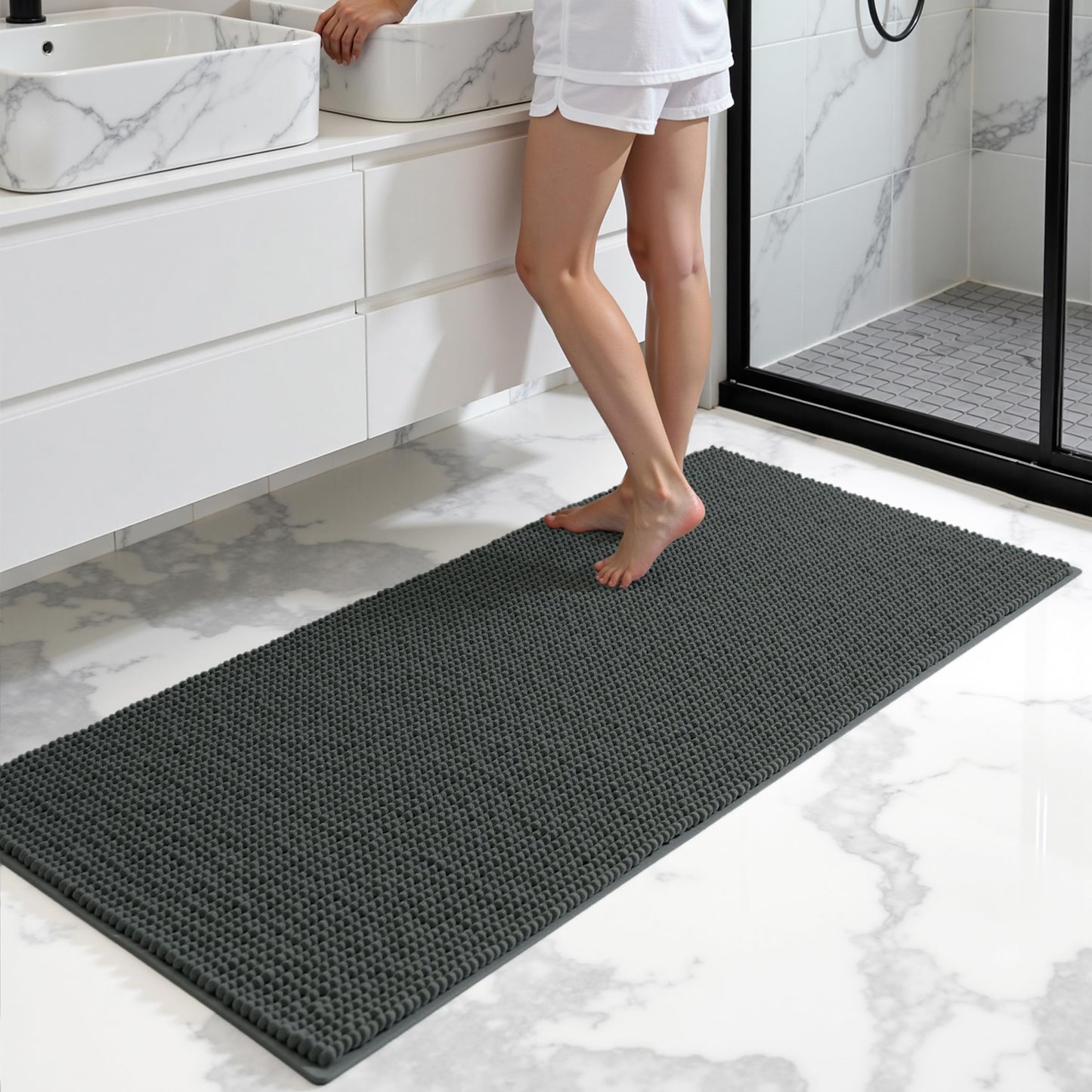 SUBRTEX Bathroom Rugs, 24" x 60" Chenille Bath Rug Soft Short Plush Bath Mat Soft Shower Mat Water Absorbent Shower Mat Quick Dry Machine Washable, Gray