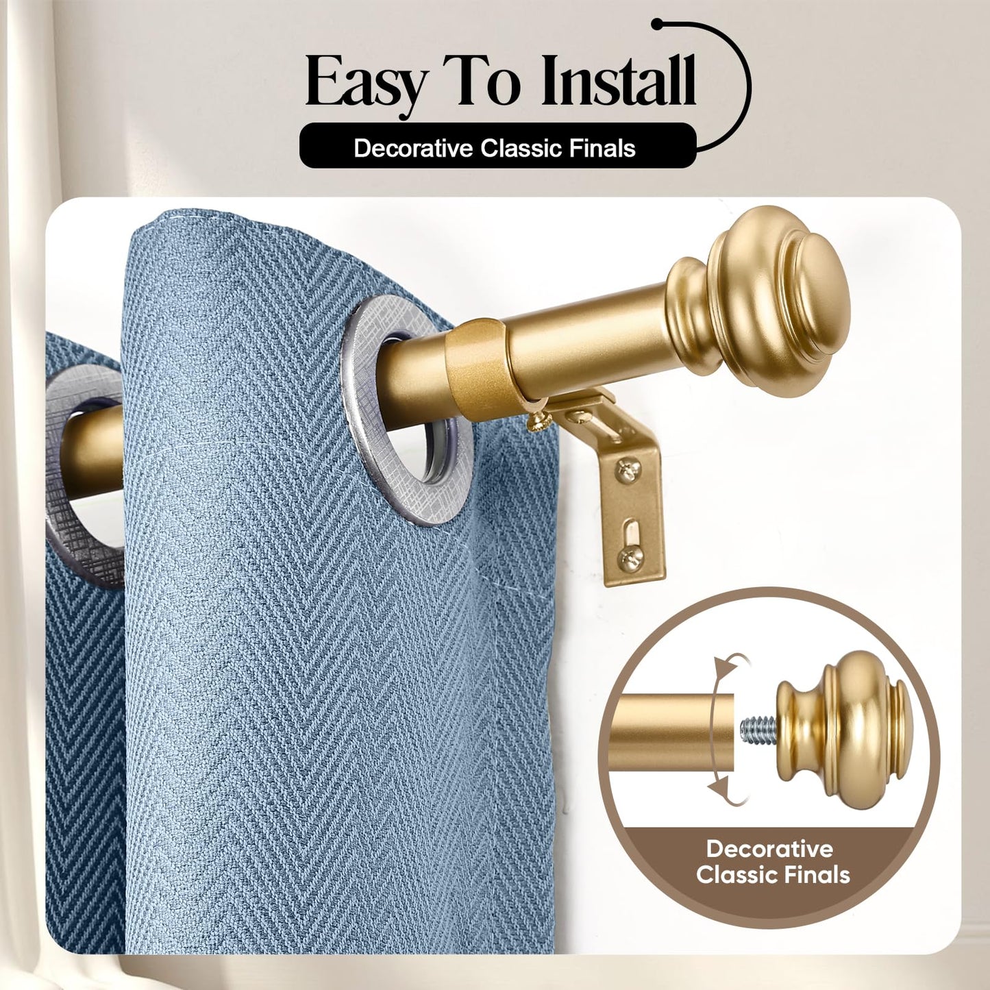 SIMEWIN Heavy Duty Curtain Rods, 1 Inch Gold, 28 to 48 Inches, Adjustable, Wall Mounted, Metal, Glossy Gold Finish, Classic Finials