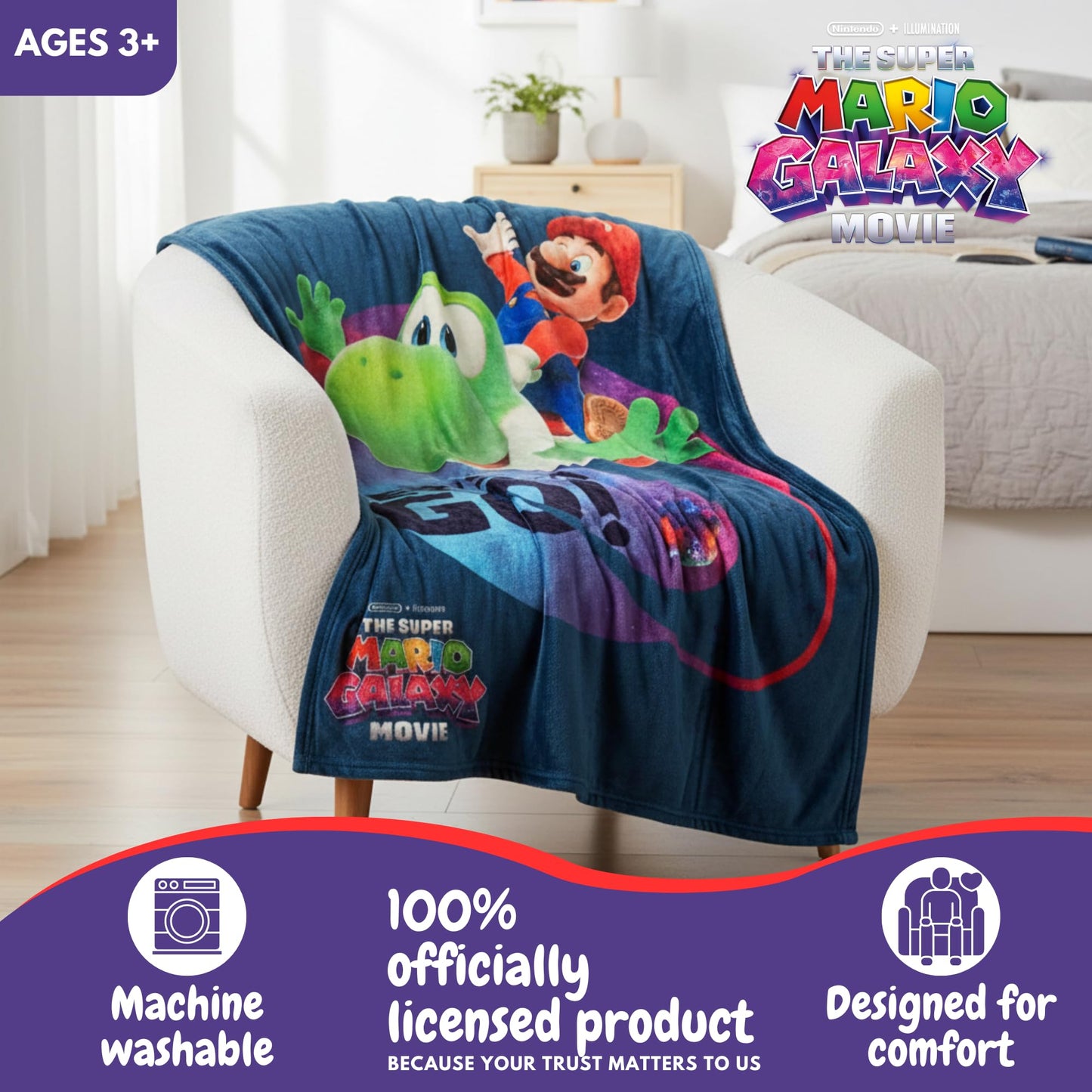 The Super Mario Galaxy Movie Throw Blanket, Yoshi, Soft Cozy Decorative Blanket for Couch, Bed, or Gaming Room (100% Officially Licensed Product) by Franco Collectibles