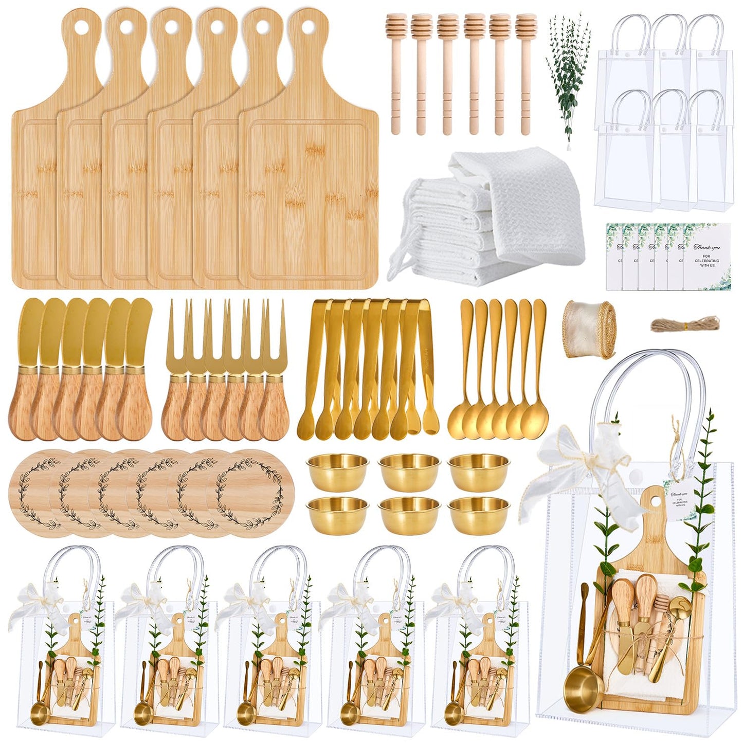 80Pcs Baby Shower Prizes for Game Winners 6 Sets Cheese Board Honey Dipper Stainless Steel Charcuterie Utensils Set Towel Thank You Card and Gift Bags for Baby Shower Wedding Bridal Shower Favors