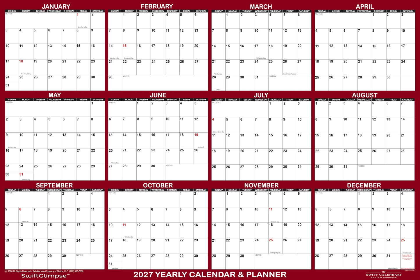 24" x 36" SwiftGlimpse 2027 Wall Calendar Erasable Large Wet & Dry Erase Laminated 12 Month Annual Yearly Wall Planner, Reversible, Horizontal/Vertical, Burgundy