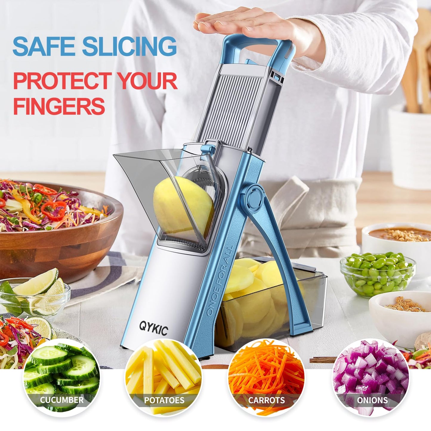 QYKIC Upgrade Safe Mandoline Slicer for Kitchen, Vegetable Chopper and Slicer, Potato Slicer Thickness Adjuster, French Fry Cutter, Veggie Onion Dicer Faster Kitchen Mandolin for Meal Prep (Blue)