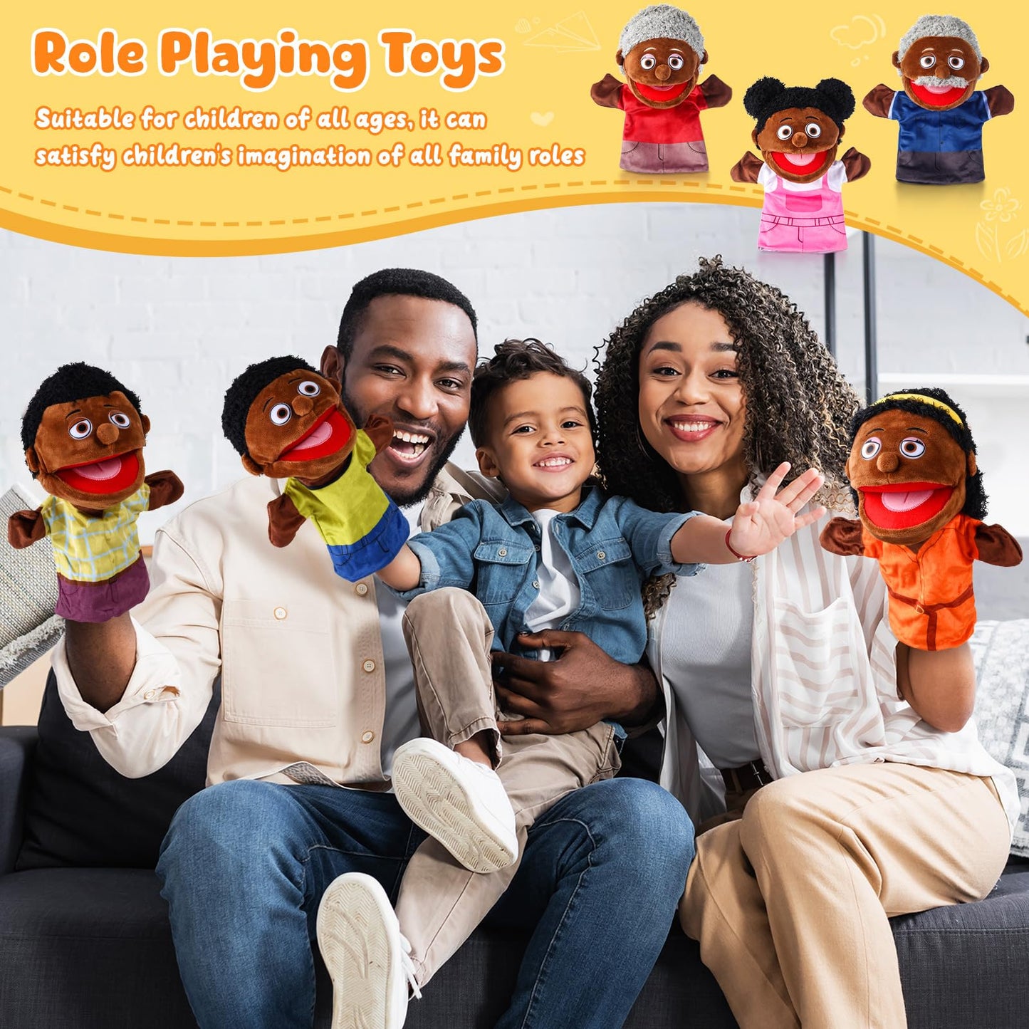 12 Pcs Family Hand Puppets 12 Inch Grandparents Mom Dad Brother Sister Plush Toys Role-Play Toy Puppets for Kids Storytelling Imaginative Pretend Play Teaching Preschool(Multicultural Family)