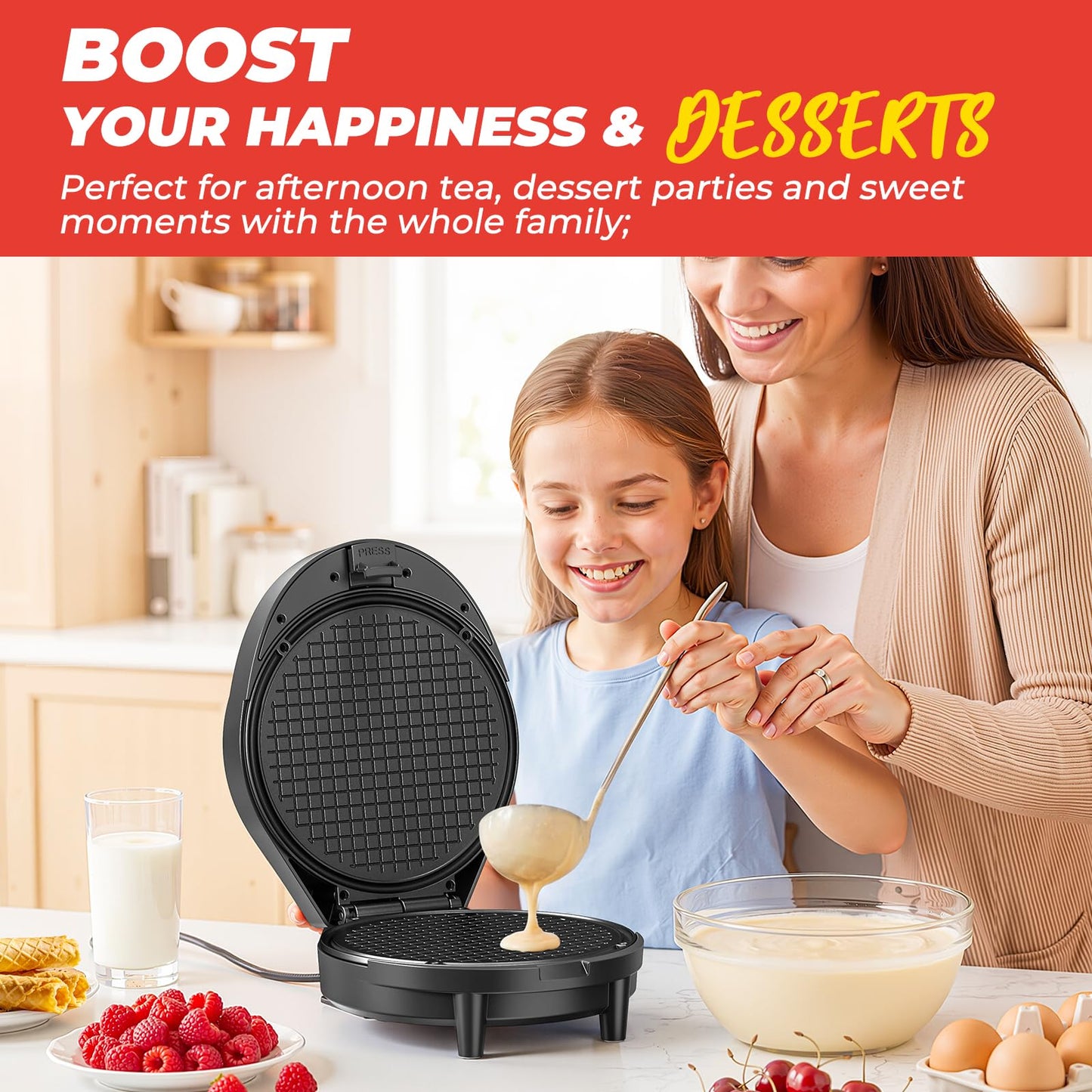 Waffle Cone Maker and Ice Cream Cone Maker with Cone Roller, 1000W Double Side Even Heating Thin Waffle Maker, Makes Crispy Waffle Cones, 7.5" Nonstick Plate Egg Roll Maker, Easy to Clean, Black