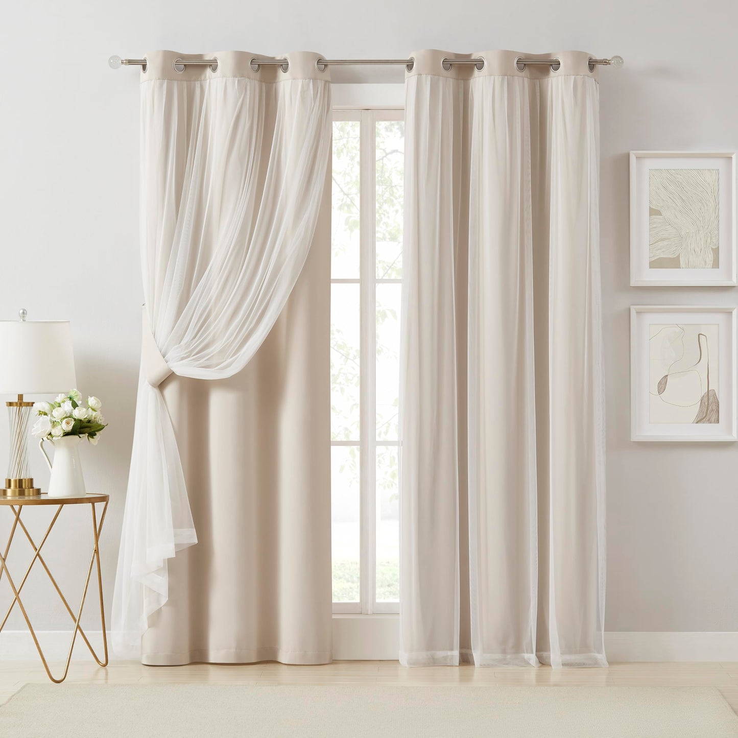 Bujasso Beige Moderate Blackout Curtains with Sheer Overlay Mix and Match Double Layer Thermal Insulated Window Panels 72 inch for Bedroom Beige Drapes with Tiebacks Grommet Top 37" Wx72 Lx2