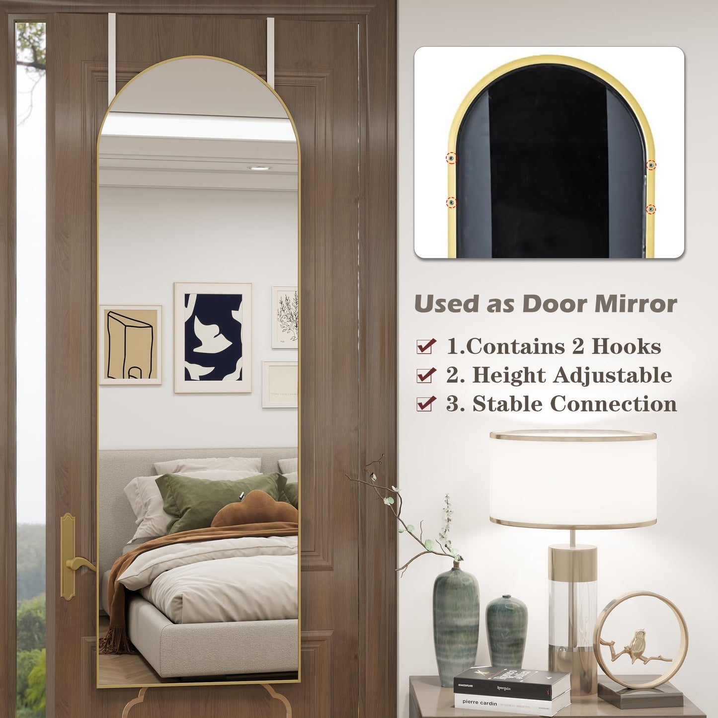 JAWGLOW Arched Full Length Door Mirror 14x48, Metal Frame with Protective Film, No-Drilling Hanging or Wall Mount, Hooks & Hardware Included, Full Body Mirror for Bedroom, Dorm, Gold