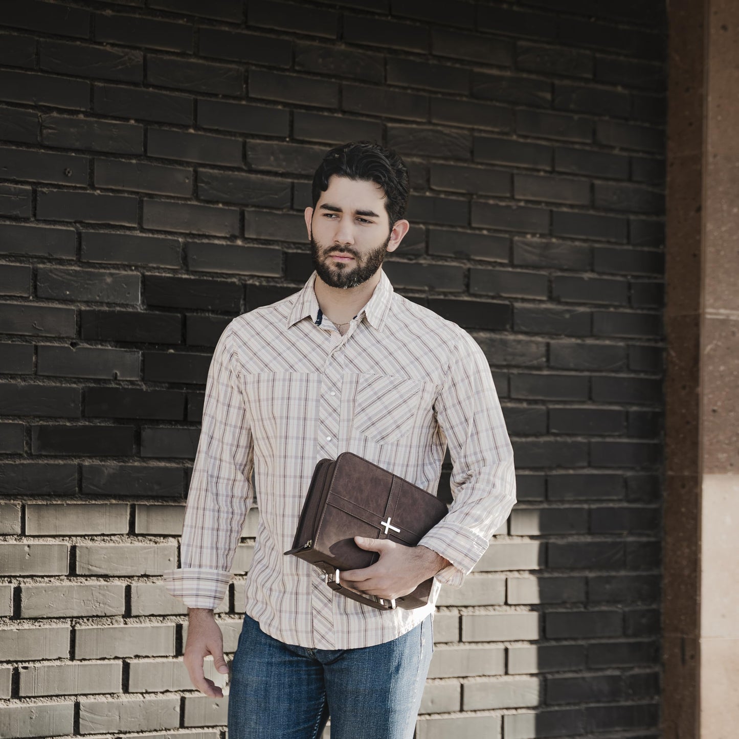 Bible Cover (U.S. Patent Pending), Discreet & Elegant Bible Case, Brown PU Leather Bible Cover, Cross Design Bible Bags, Strong and Sturdy Book Case, Includes Premium Bookmark