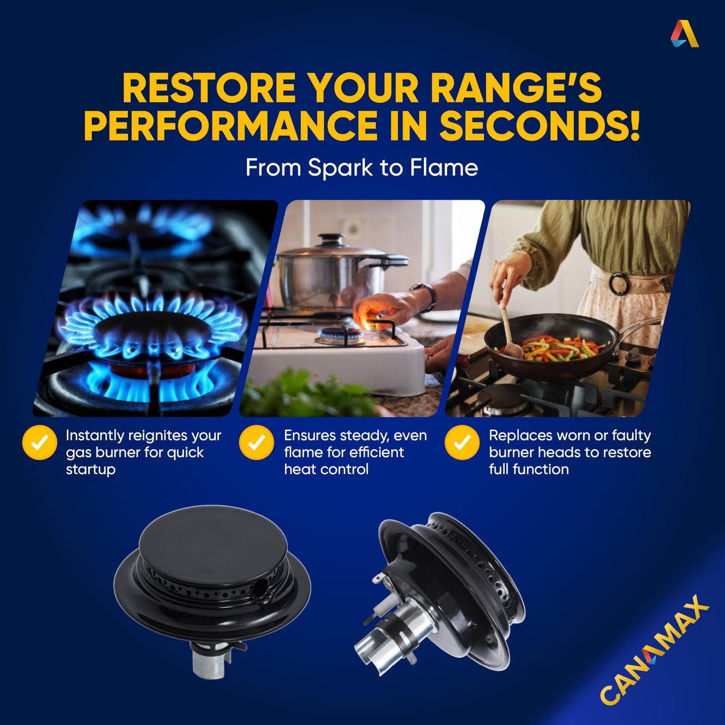 3412D024-09 Gas Range Sealed Burner Head & Igniter Assembly Ultra Durable Replacement by Canamax – Compatible with Magic Chef & Maytag Ranges - Replaces 12500050 3412D018-09 - Pack of 4