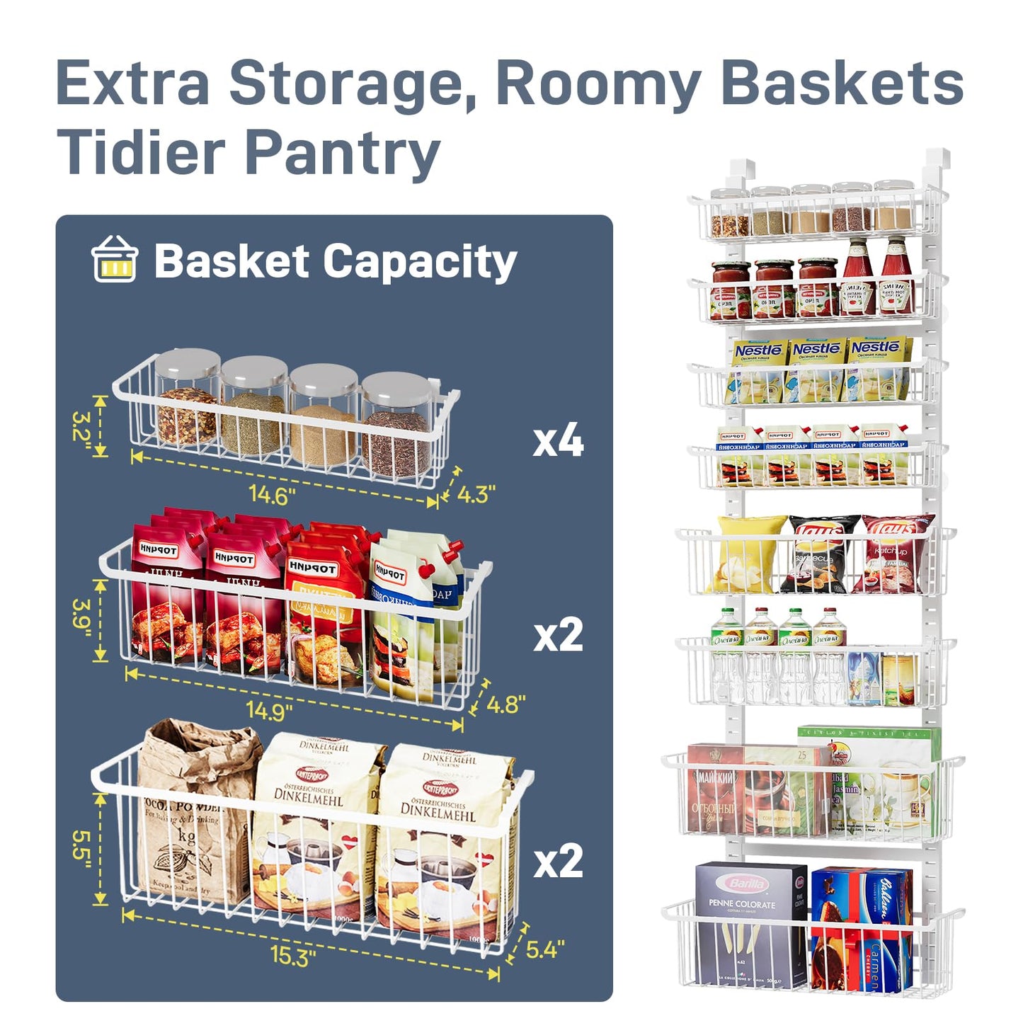 Over The Door Pantry Organizer, 8-Tier Over The Door Organizer with Adjustable Baskets, Metal Hanging Spice Rack for Pantry Organizers and Storage, Suitable for Kitchen Laundry Room & Bathroom, White