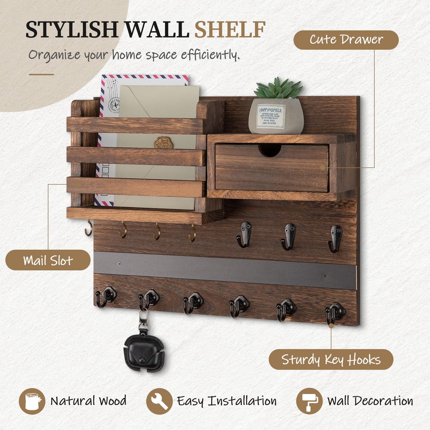 Nekon Key Holder Wall Mount, Rustic Mail and Keys Shelf for Wall Organization with 13 Hooks, Home Decor Accessory with Drawer, Brown