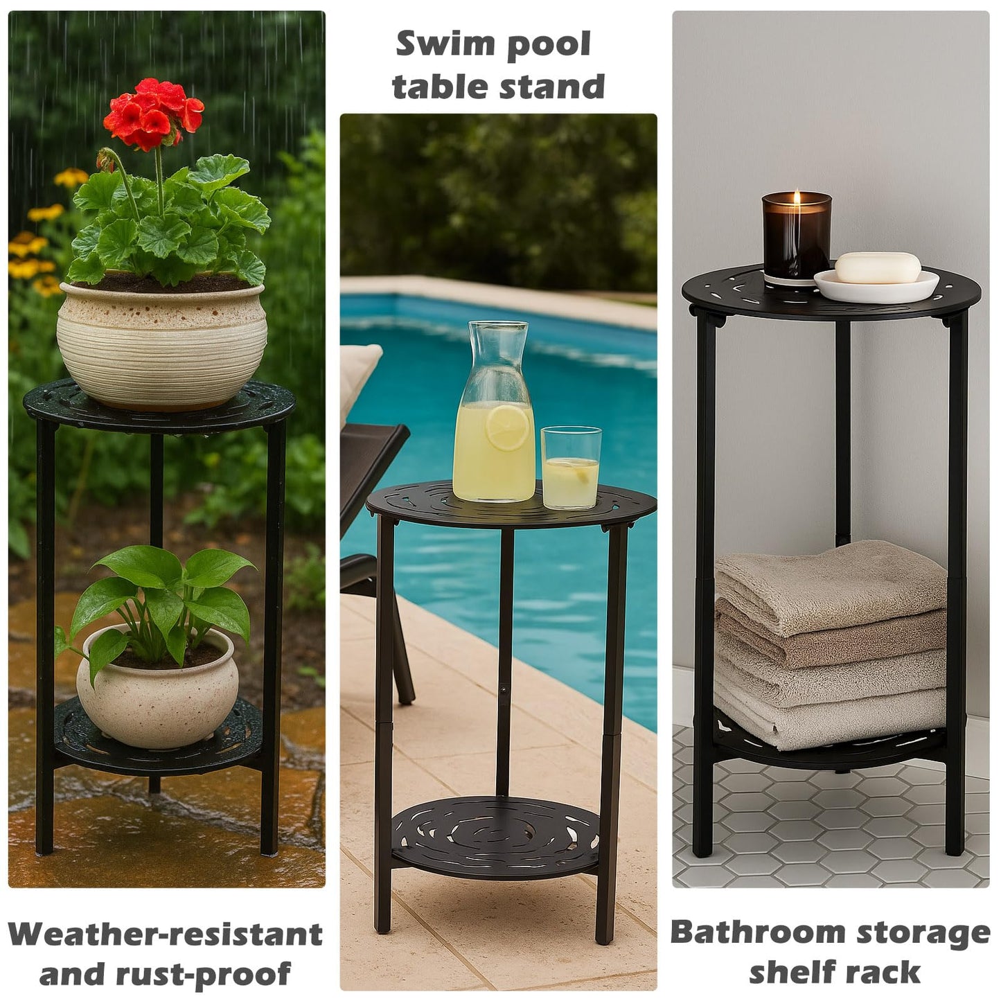 lucpur 2-Tier Metal Round Side Table Black Accent Coffee Tables Small Space Corner Plant Stand Shelf for Indoor Outdoor Use Patio Balcony End Table Laser-Cut Floral Pattern Weather-Resistant
