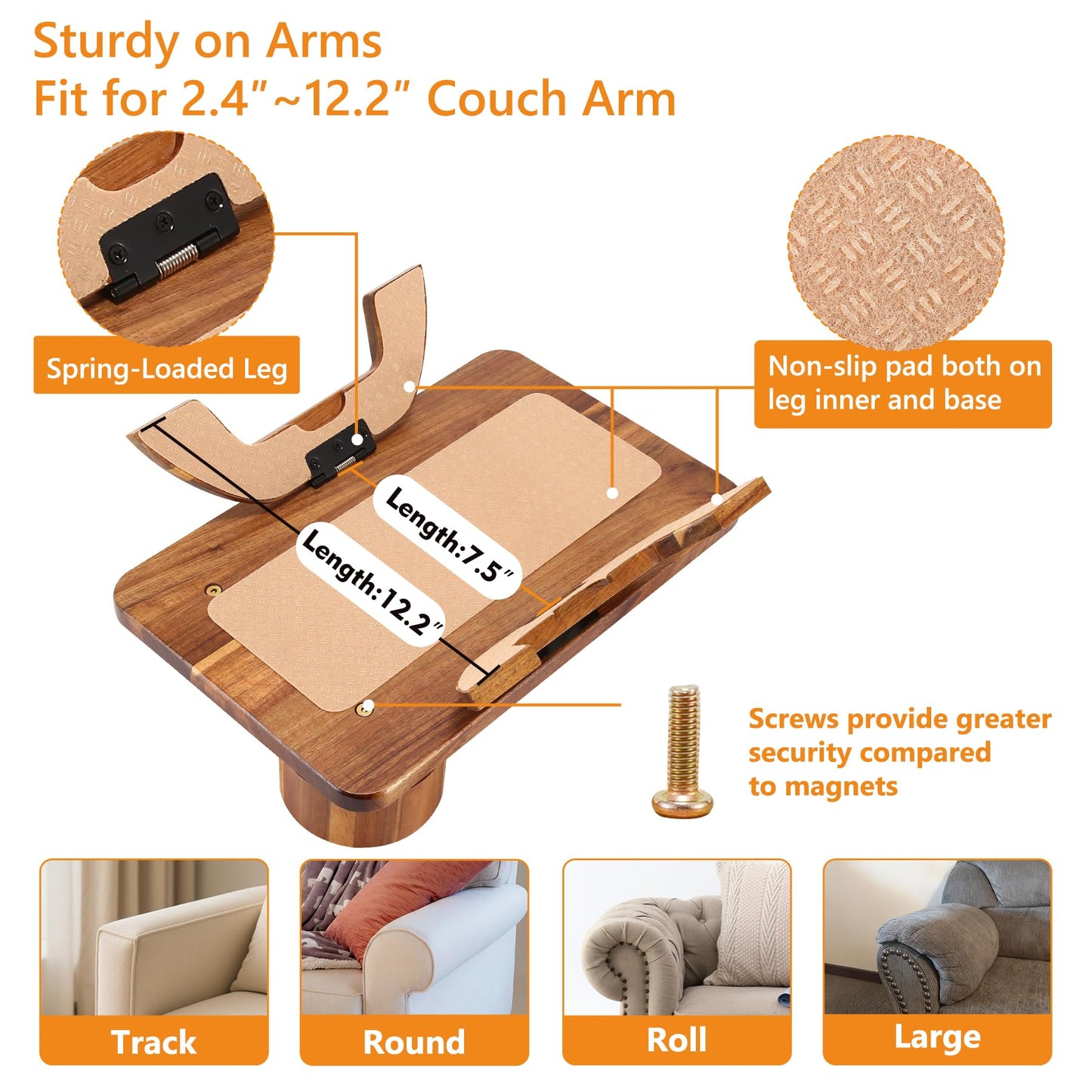 Acanacle Couch Armrest Table Acacia with 360°Rotating Phone & Cup Holders,15.4" x 9.8", 3-in-1 Couch Arm Tray Clip-On Couch Tray for Drinks & Snacks