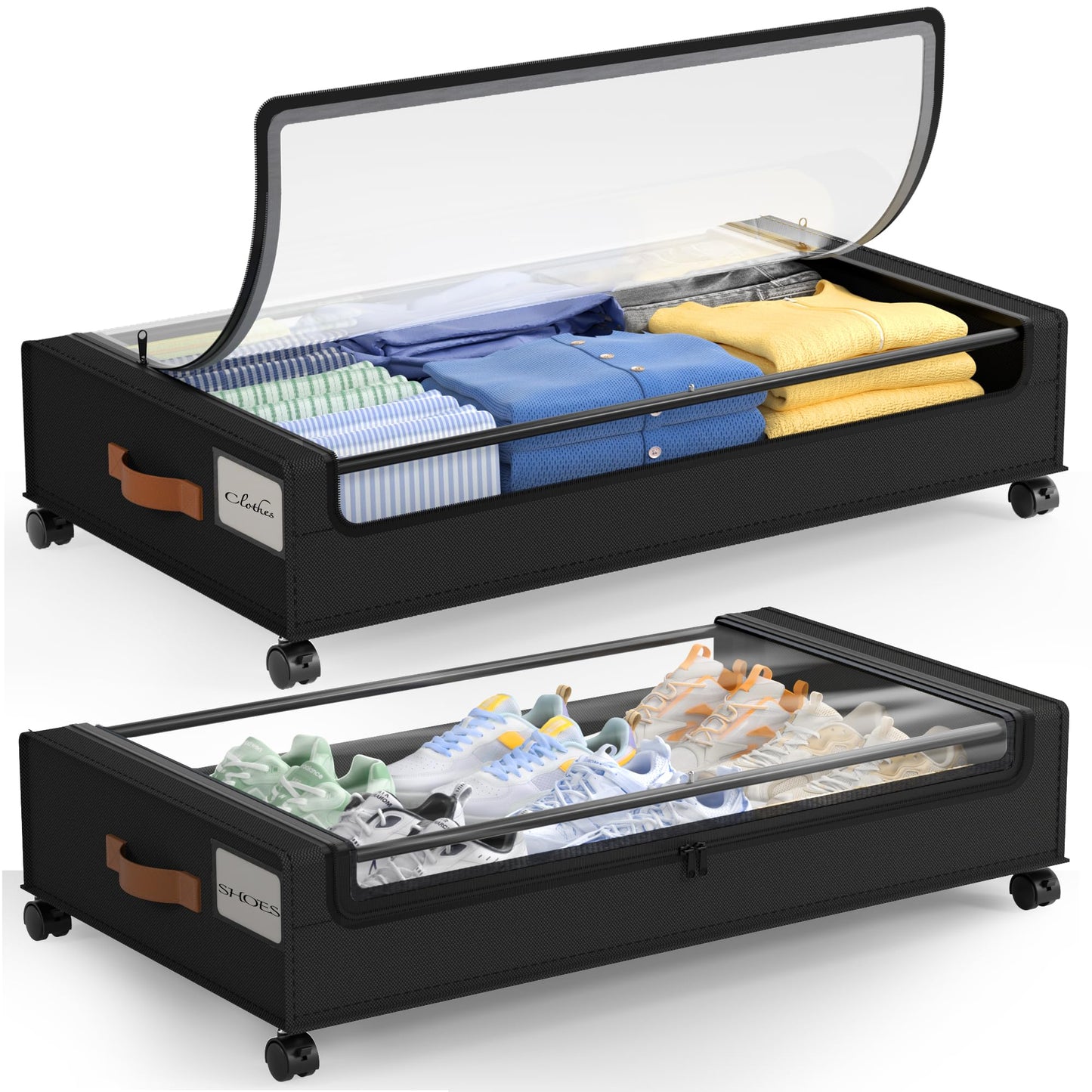 LAMU Under Bed Storage with Wheels, 2 Pack Under Bed Storage Containers with Clear Lid, XXL 60L Underbed Storage Bins, Rolling Under Bed Metal Drawers for Clothes, Blankets, Shoes, Black