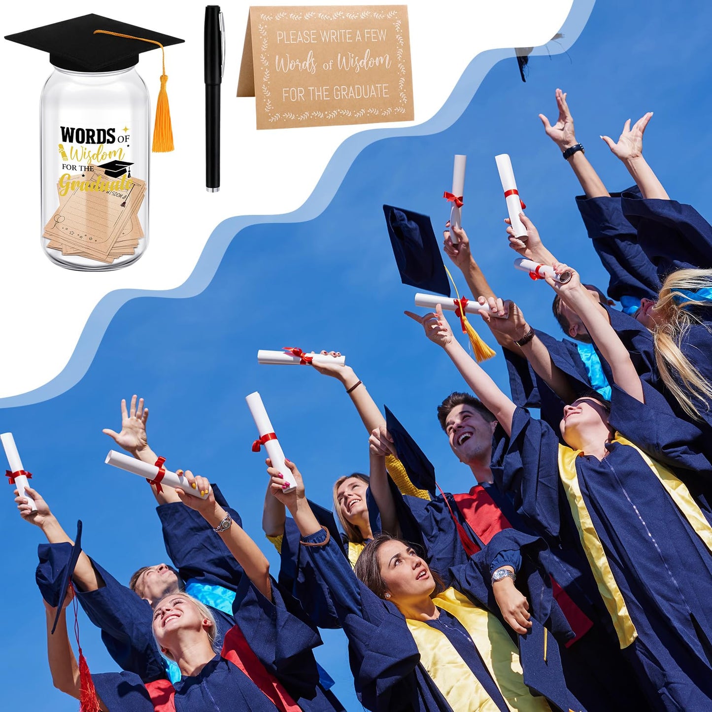 Newtay 55 Pcs Large Words of Wisdom Graduation Glass Jar Graduation Wishes & Advice Cards and Sign Guest Book for Graduate Decoration Best Wishes Grad Party Supplies(Funny)